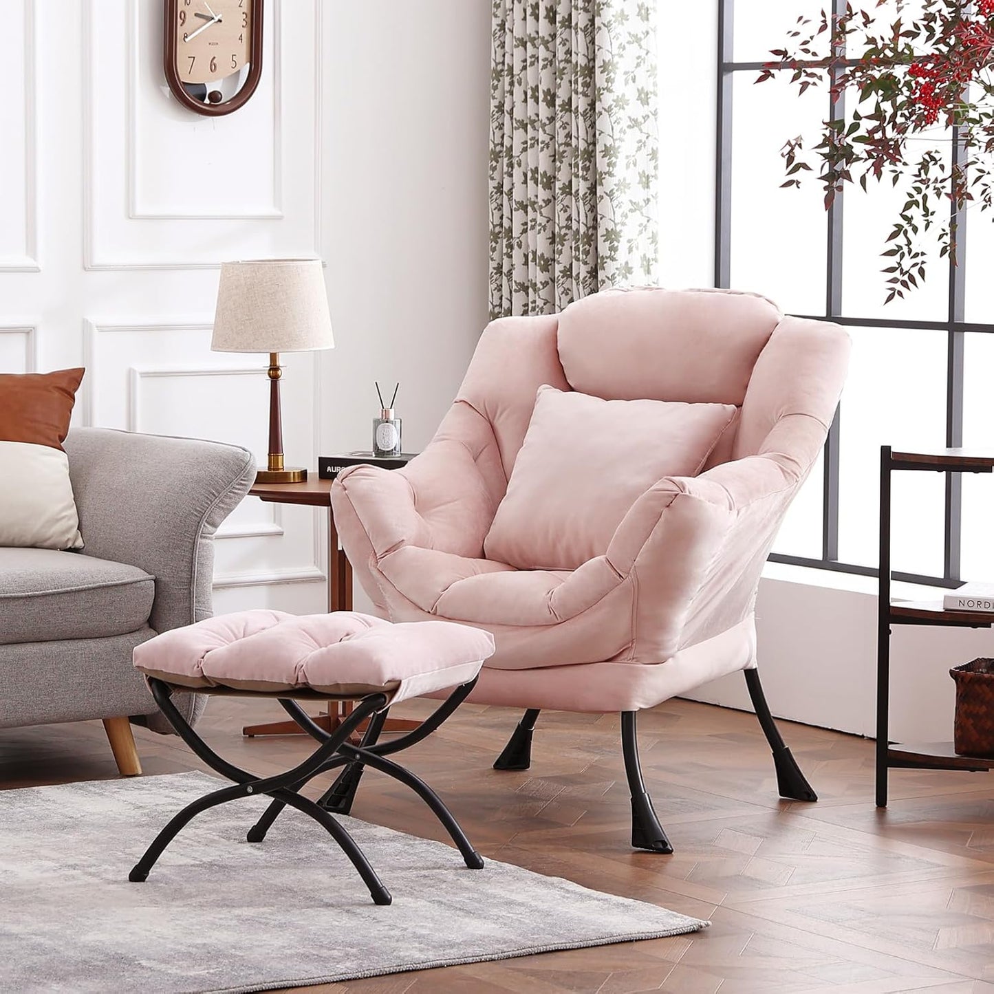 Large Lazy Chair with Ottoman, Accent Reading Chair with a Throw Pillow, Cozy Lounge Armchair, Leisure Sofa Chair for Living Room, Bedroom, Dorm, Velvet Pink
