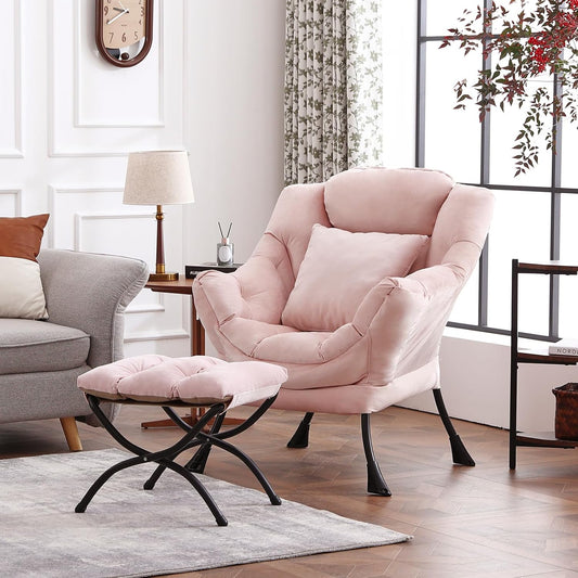 Large Lazy Chair with Ottoman, Accent Reading Chair with a Throw Pillow, Cozy Lounge Armchair, Leisure Sofa Chair for Living Room, Bedroom, Dorm, Velvet Pink