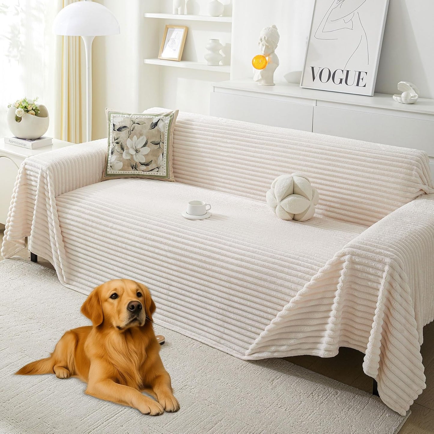 HAOMAIJIA Faux Fur Sofa Covers Couch Covers for 3 Cushion Couch Sofa Pet Friendly Soft Non Slip Couch Cover for Dogs Washable Sectional Couch Covers L Shape Furniture Protector (Off White, 91"x150")