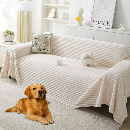 HAOMAIJIA Faux Fur Sofa Covers Couch Covers for 2 Cushion Couch Sofa Pet Friendly Soft Non Slip Couch Cover for Dogs Washable Sectional Couch Covers L Shape Furniture Protector (Off White, 71"x102")