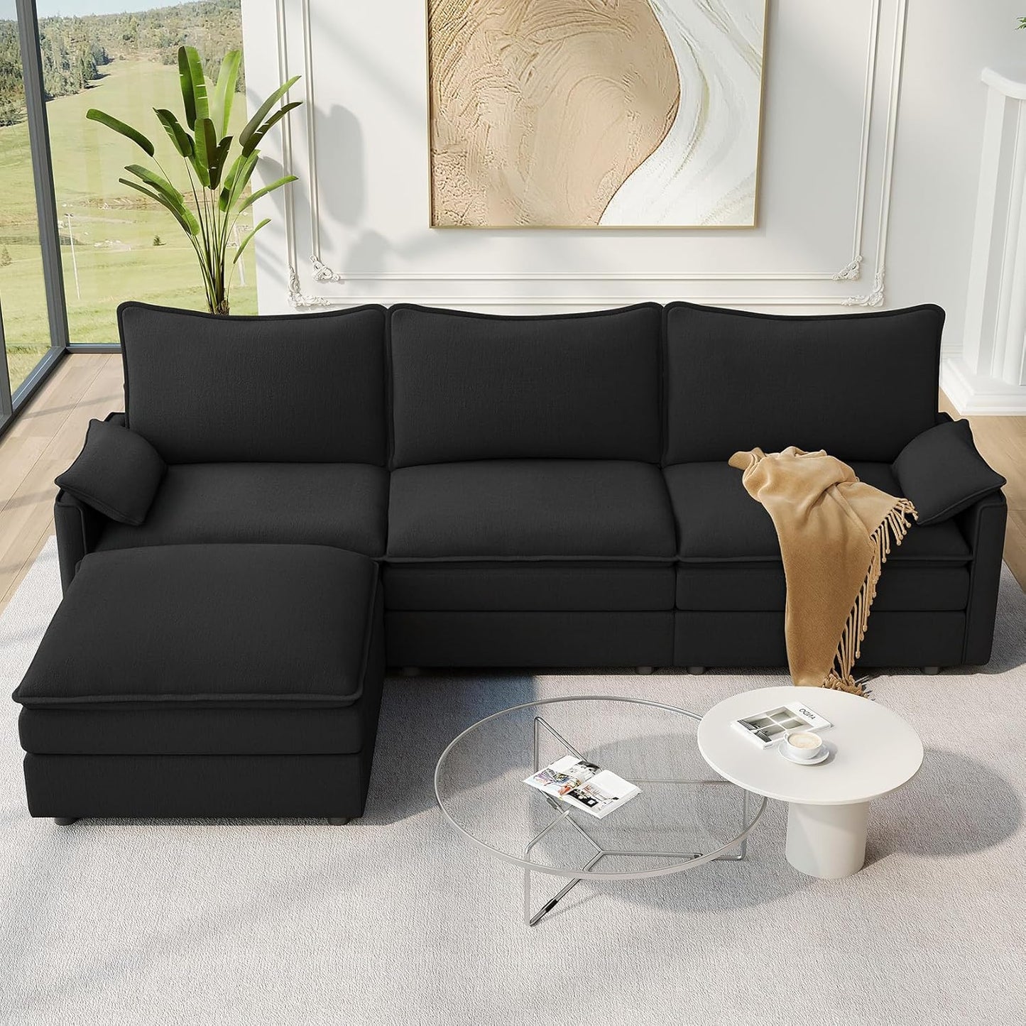 Vesgantti 108" Modular Sectional Sofa, Comfy Cloud Couch with Movable Ottoman Deep Seat Chenille L Shaped Modular Sofa, Sectional Couches for Living Room, Bedroom and Apartment, Black