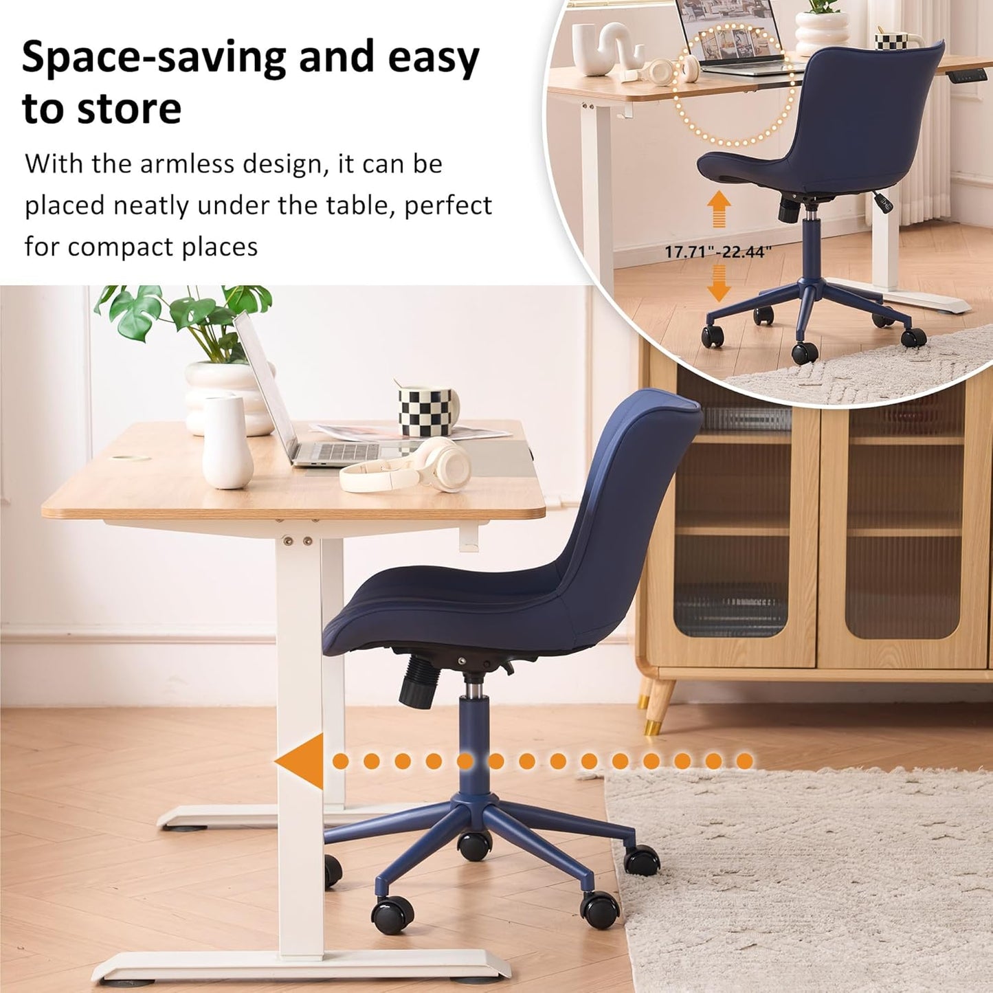 YOUNIKE Armless Home Office Desk Chair with Wheels Compact Comfy Vanity Chair with Adjustable Back Modern Small Leather Upholstered Rolling Swivel Cute Copmuter Task Chair No Arms Ergonomic Navy Blue
