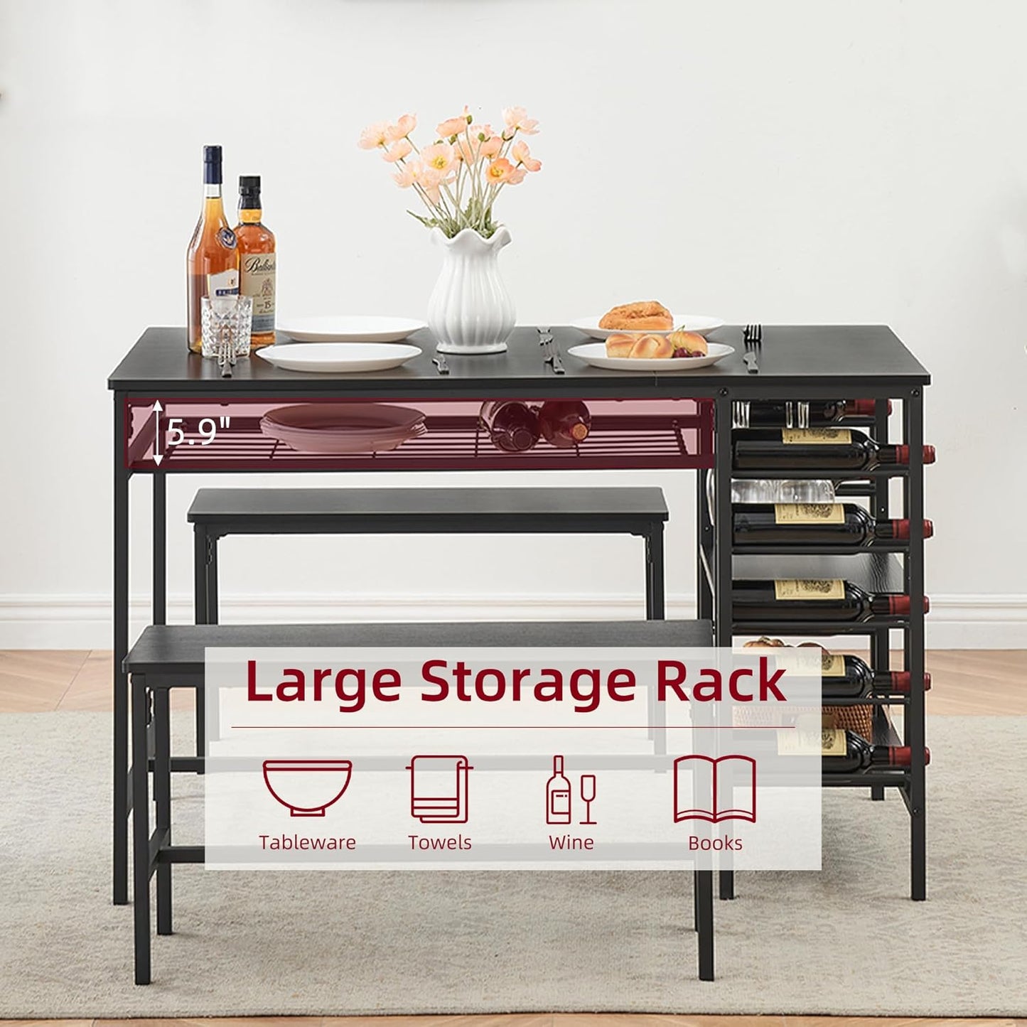 IDEALHOUSE Dining Table Set for 4, Kitchen Table Set for 4 with 2 Benches, Rectangular Dining Room Table Set with Wine Rack, 3 Piece Dining Table Set for Small Space Apartment, Black
