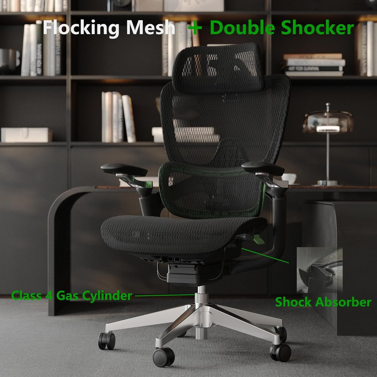 Ergonomic Office Chair, Mesh Home Office Desk Chair with Adaptive Lumbar Support, Gaming Chair with Headrest, 5D Armrest,90-130°Tilt, BIFMA Certified, Model Zen (Green)