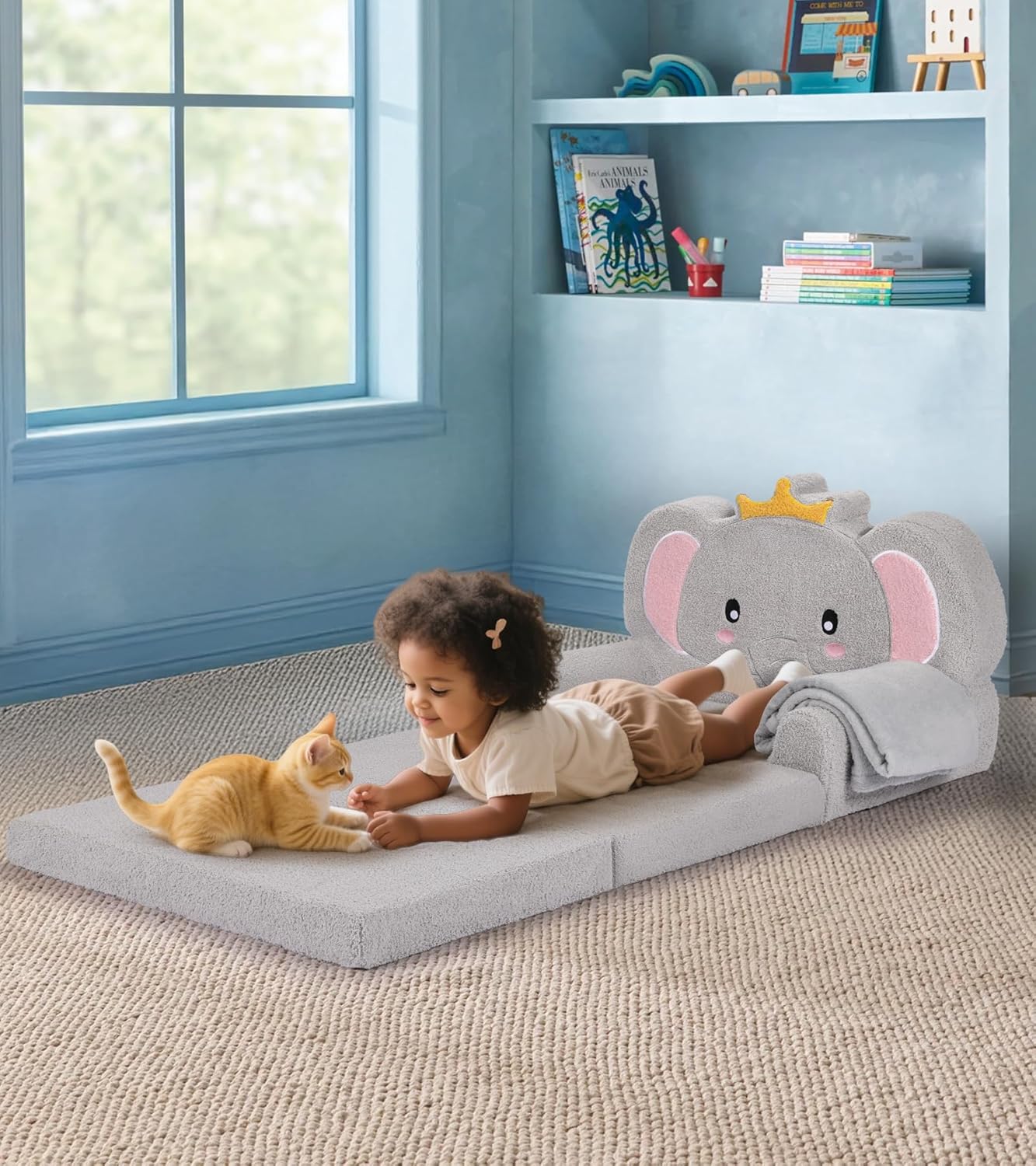 Kids Couch, 2-in-1 Soft Toddler Couch Fold Out with Blanket, Chair Comfy, Foldable Convertible Plush Sofa to Lounger, Gifts for Kids Girl Boys, Elephant