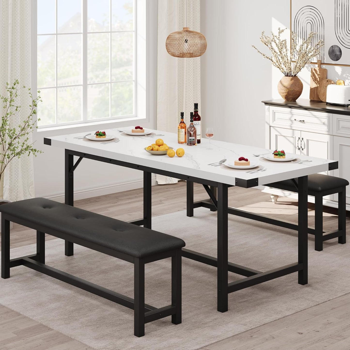 3-Piece Dining Table Set for 4-6 People, Extendable Kitchen Table Set with 2 Upholstered Benches, Dining Room Table Set for Apartment, Kitchen, Living Room, Marble White