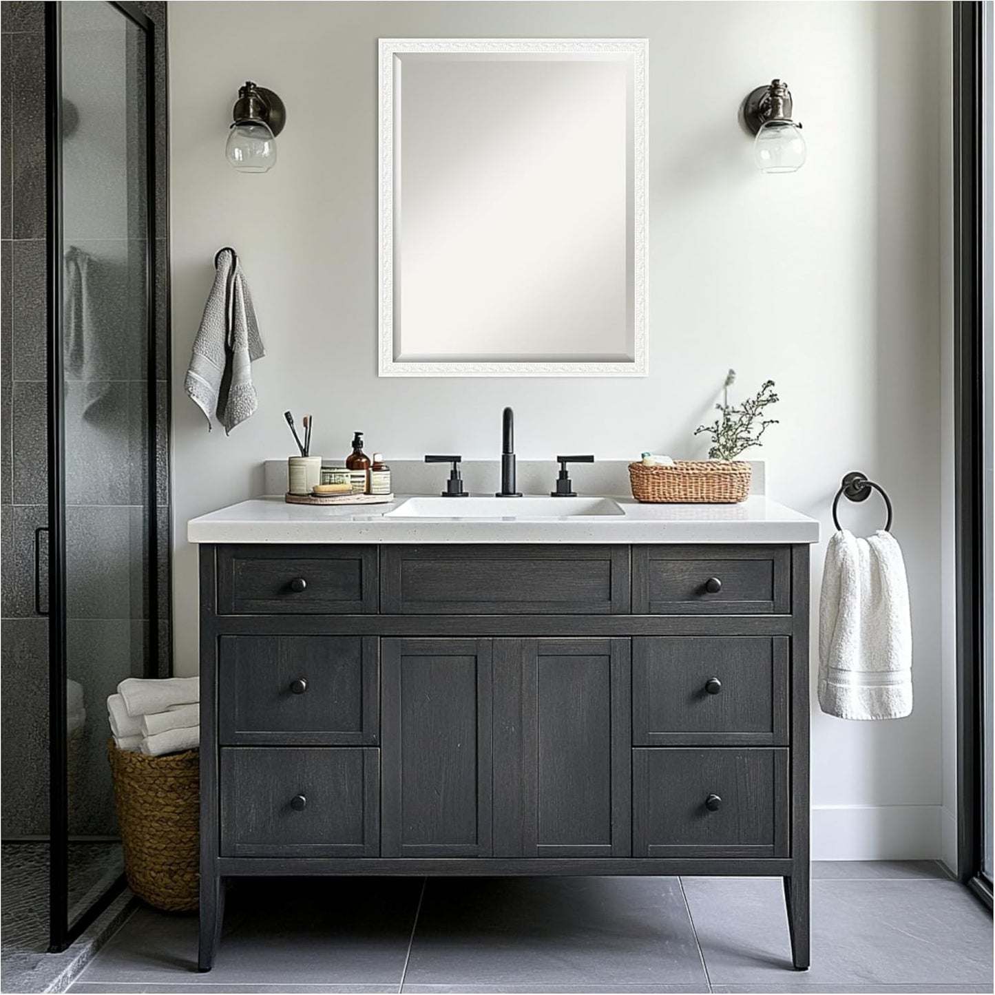 Amanti Art White Bathroom Mirror for Over Sink, 24x30 Bethany White Rectangle Vanity Mirror, Large Traditional Wood Frame, Hangs Horizonally and Vertically, Bathroom Wall Decor, Beveled Edge