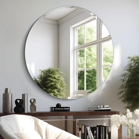 36" Frameless Beveled Round Mirror with 1" Edge for Bathroom, Entryways, Vanity, Wall Decor