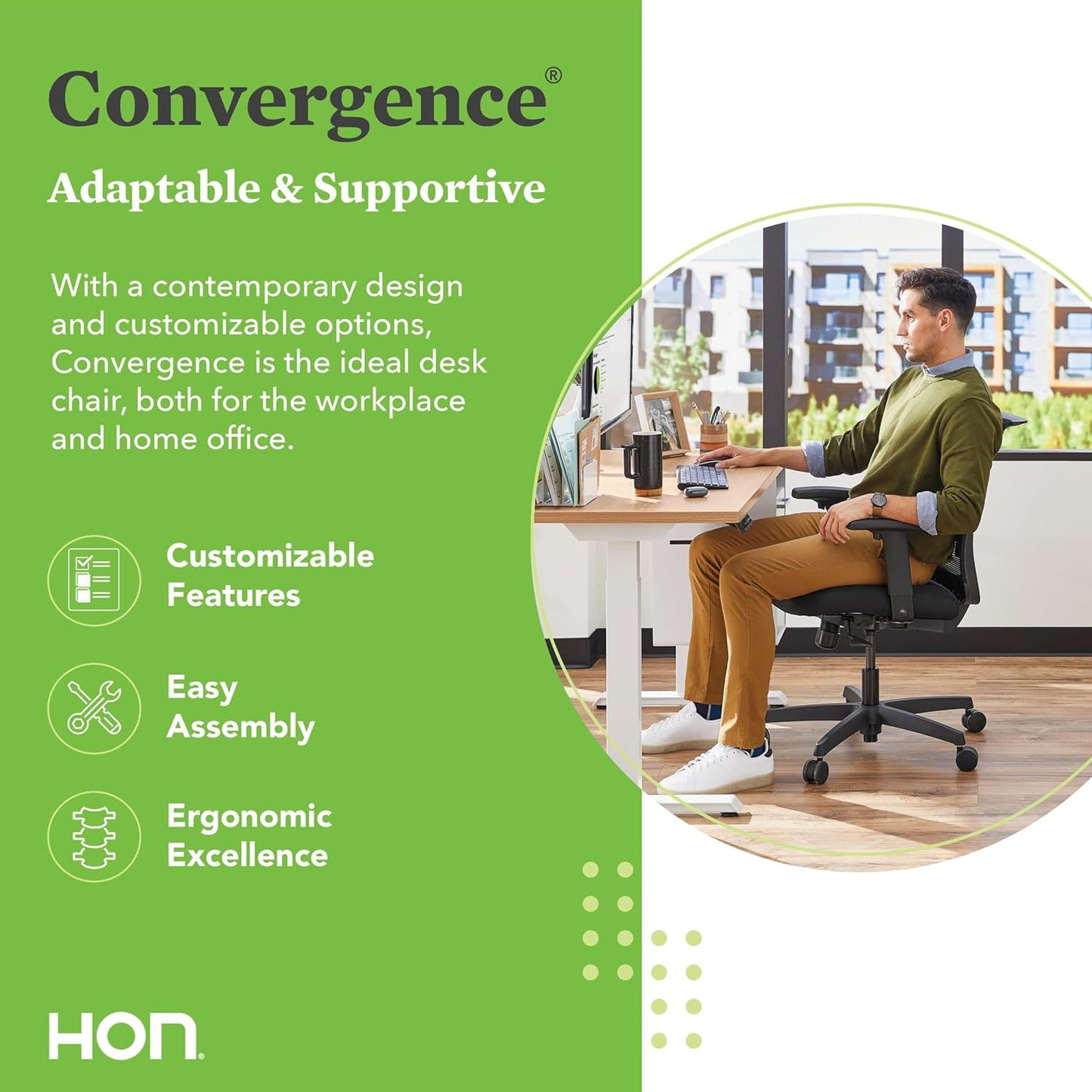 HON Convergence Ergonomic Office Chair, Breathable Back Support Mesh, Adjustable Arms, Computer Chair with Lumbar Support, Rolling Swivel Wheels, Comfortable Synchro-Tilt Recline, Fabric, Frost