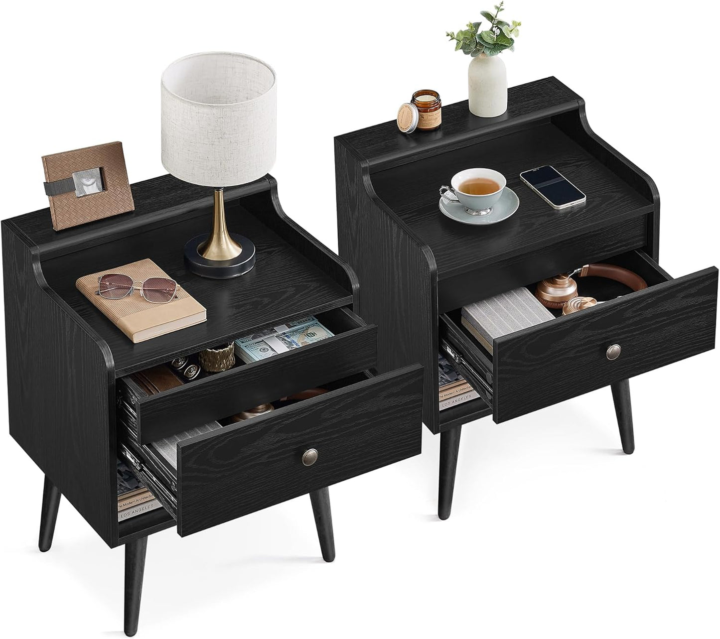 VASAGLE Nightstands, Set of 2, Bedside Tables with Hidden Drawers, Mid-Century End Side Tables with Solid Wood Legs, for Bedroom, Ebony Black ULET624B01