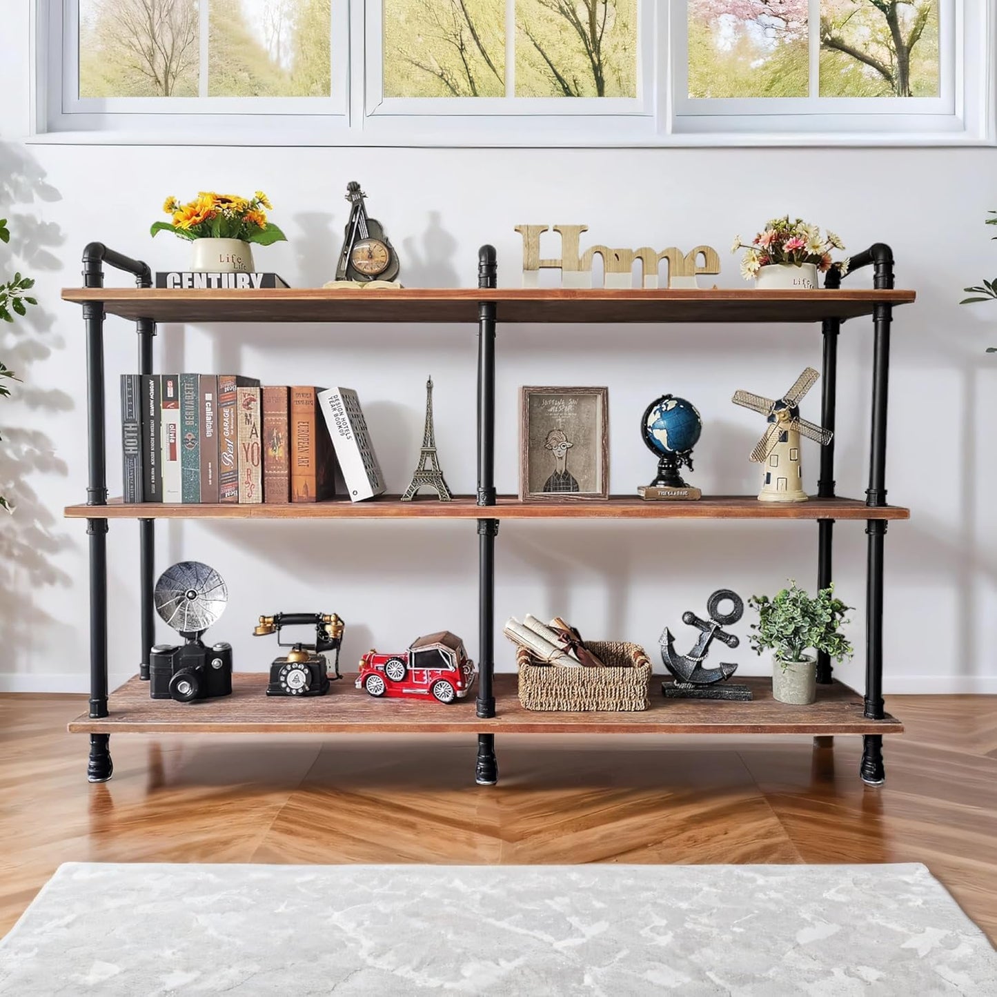 3 Tier Industrial Long Bookshelf, Entryway Industrial Metal Bookcase (Weathered Brown, 60" L x 11.8" W x 39" H)