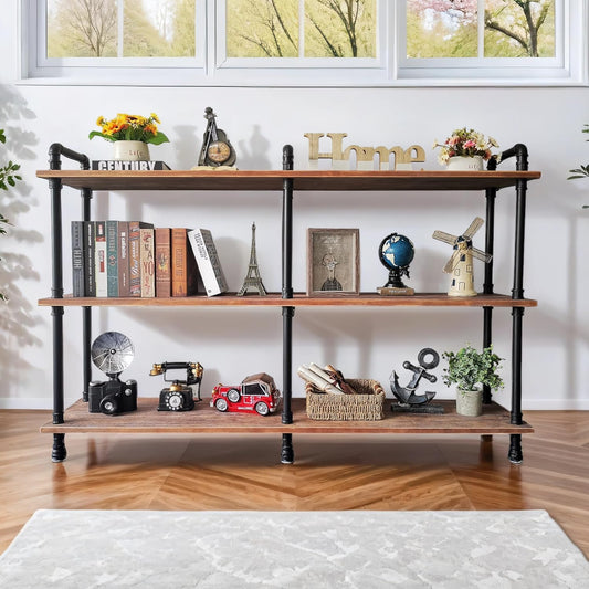 3 Tier Industrial Long Bookshelf, Entryway Industrial Metal Bookcase (Weathered Brown, 60" L x 11.8" W x 39" H)