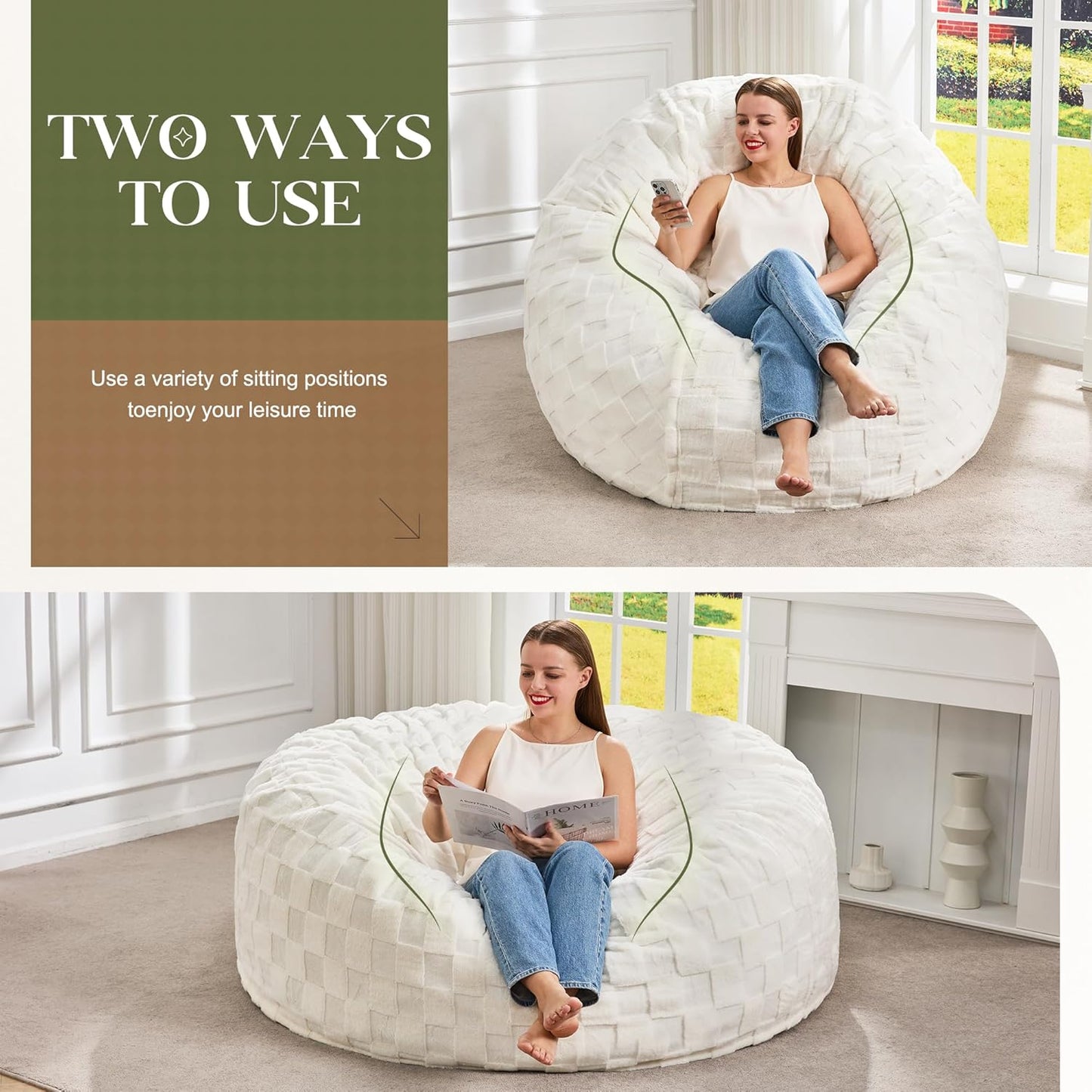 Hobestluk Bean Bag Chairs Beanbag Chair with Filler Adult Bean Bags with Fluffy Cover, Giant Bean Bag Chairs for Adults for Living Room, Bedroom (White, 5FT - 50” x 50” x 24”)