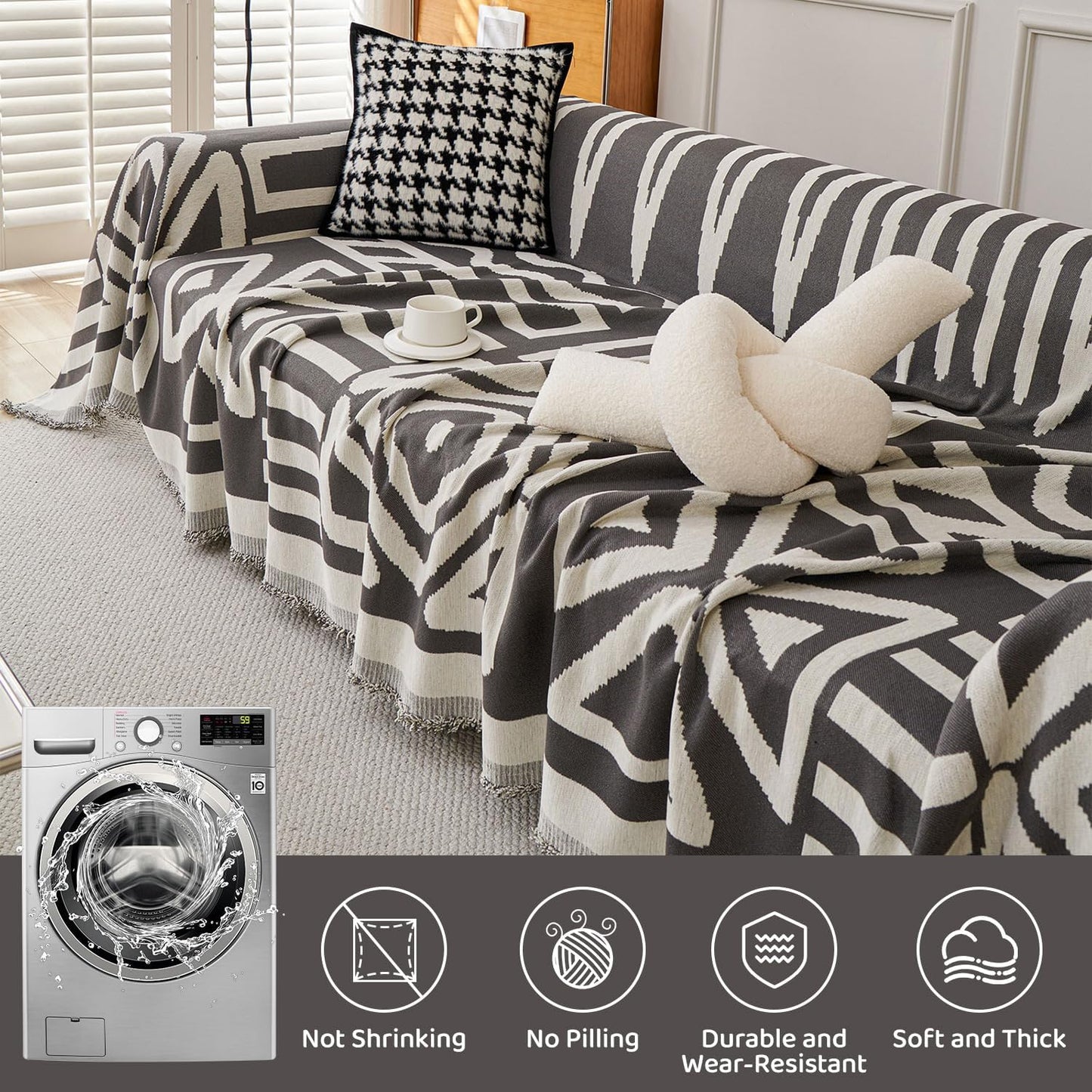 STACYPIK Modern Dark Grey Couch Cover, Boho Chenille Sofa Covers for Loveseat, Reversible Non Slip Triangle Pet Protector for 3 Cushion Couch Washable Sectional Couch Cover for L-Shaped-71X150IN