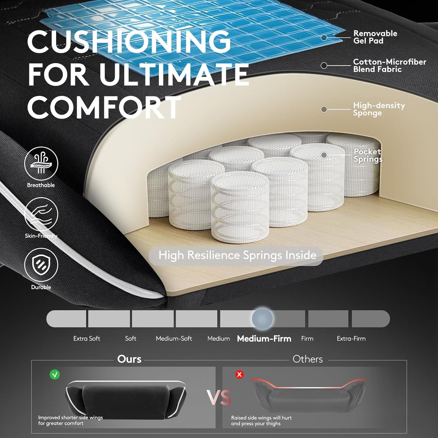 Gaming Chair Breathable Fabric,Computer Office Chair with Footrest,Massage Lumbar Support and Gel Pad,Ergonomic Reclining Adjustable Gamer Chair with Headrest and Spring Cushion Black