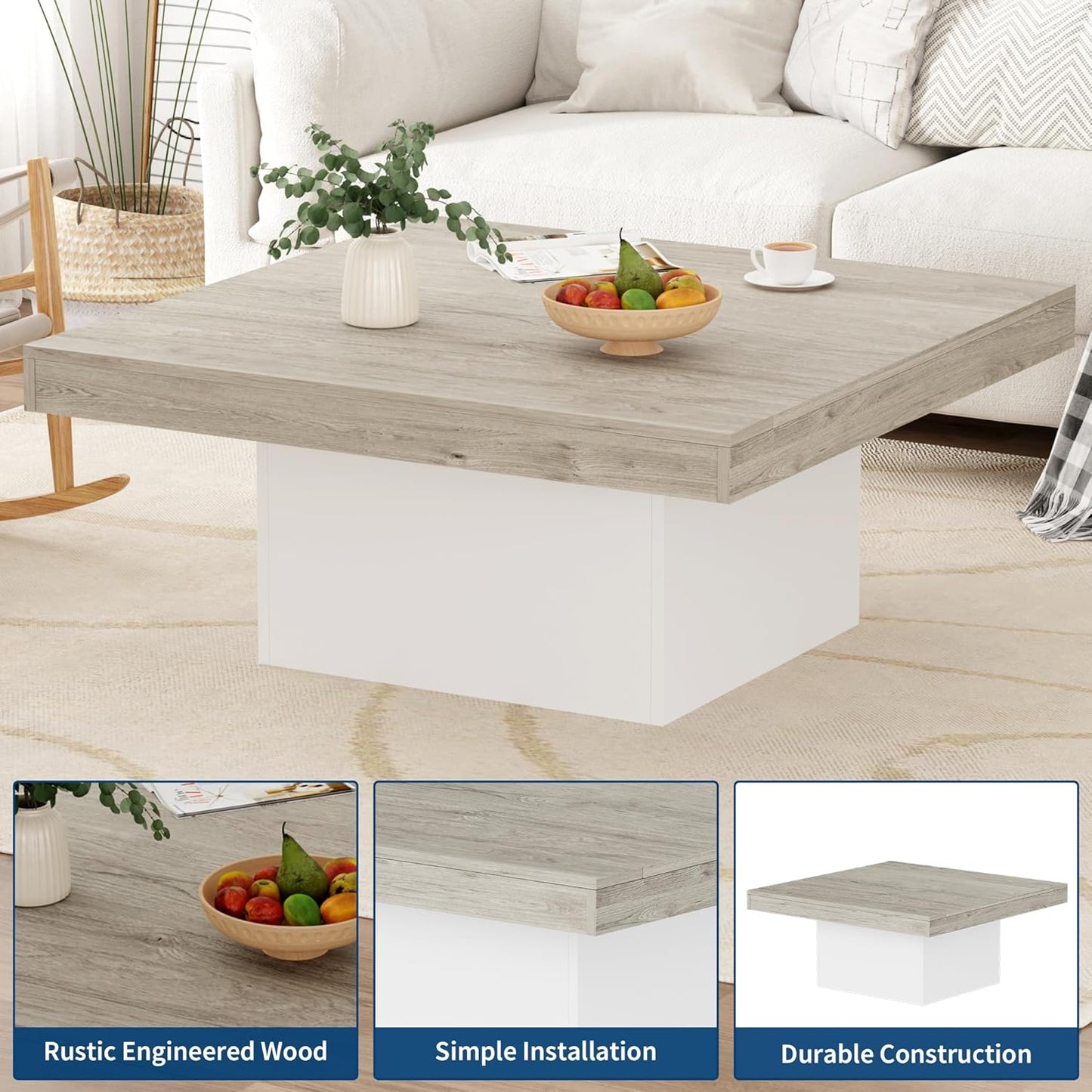 GarveeHome Square Coffee Table with Led Lights, 35 inch Living Room Tables, Modern Coffee Tables with Plug-in 16-Color LED Lights, Cocktail Table for Home Office, Apartment, Reading Room