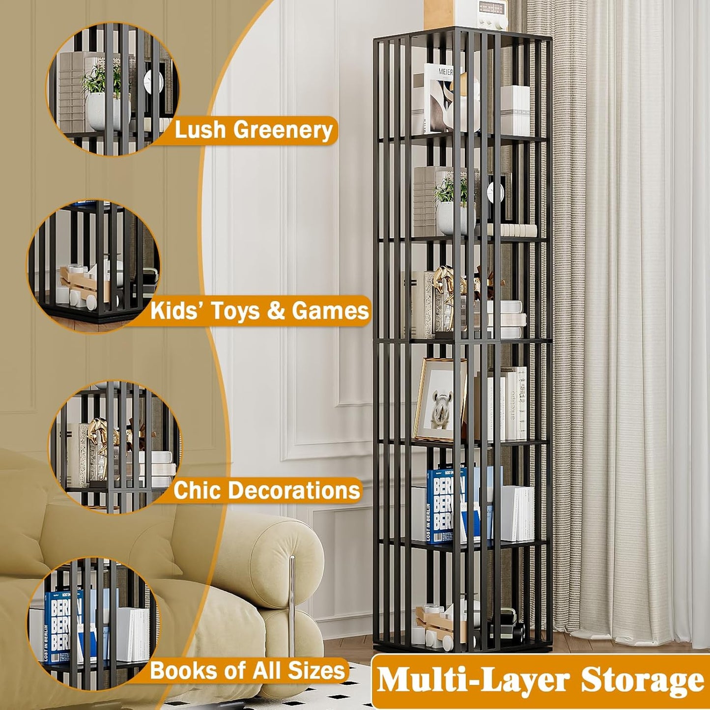 6 Tier Rotating Bookshelf, 360° Spinning Narrow Bookcase Tower, Space Saving Floor Standing Wood Shelf & CD Organizer for Small Spaces, Bedroom, Living Room, Office (Black, 6-Tier)