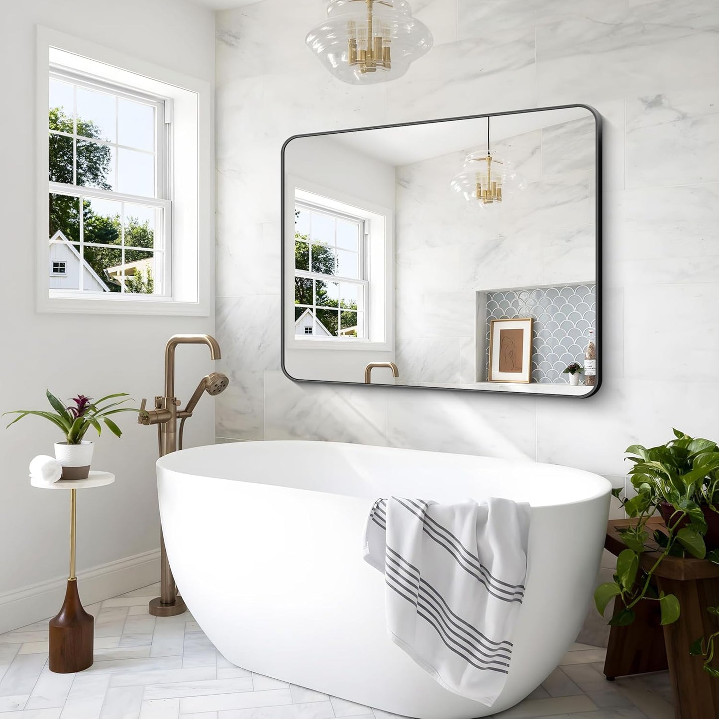 BONEWEI 48x48 inch Bathroom Mirror,Black Rectangle Mirror,Wall Mounted Bathroom Frame Vanity Mirror with Round Corner for Bedroom Living Room,Entryway Hangs Horizontal or Vertical