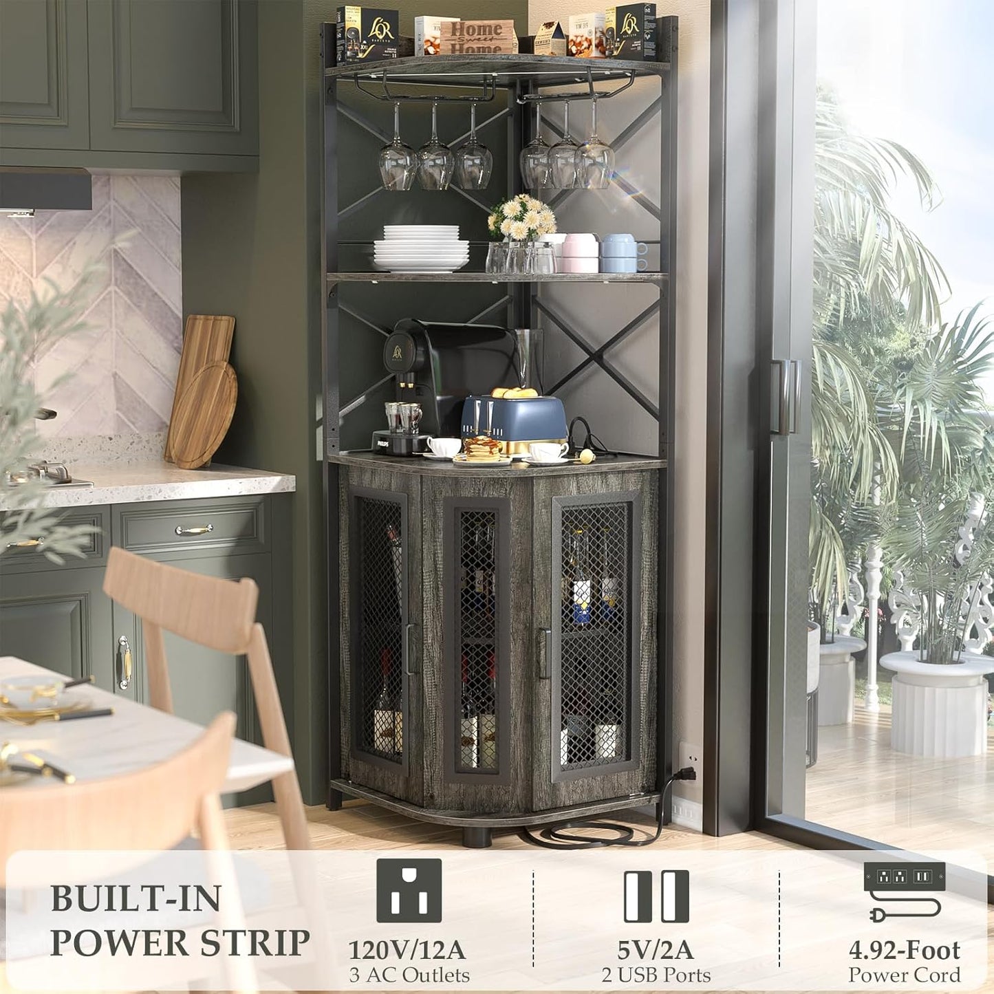 Aheaplus Corner Bar Cabinet with Power Outlet, Industrial Wine Cabinet with LED Strip and Glass Holder, 5-Tiers Liquor Cabinet Bar Unit for Home, Corner Display Cabinet for Small Space, Grey Oak