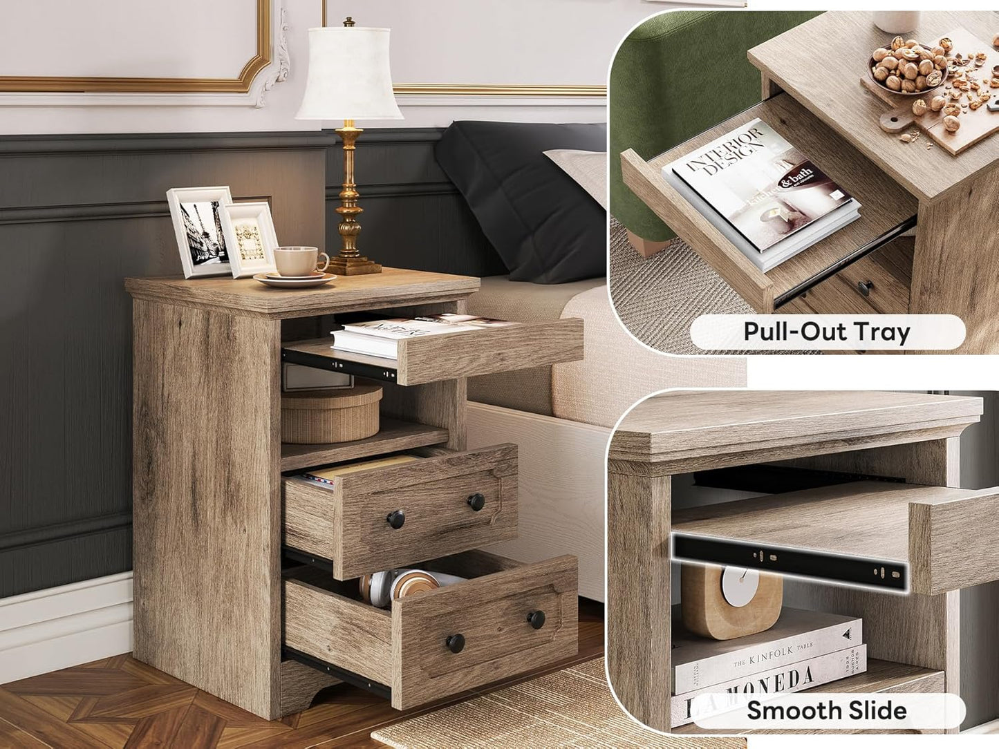 LIKIMIO Night Stand, Modern Bedside Table with 2 Drawers, Open Shelf, End Table with Pull-Out Tray, Wood SideTable, Grey Oak