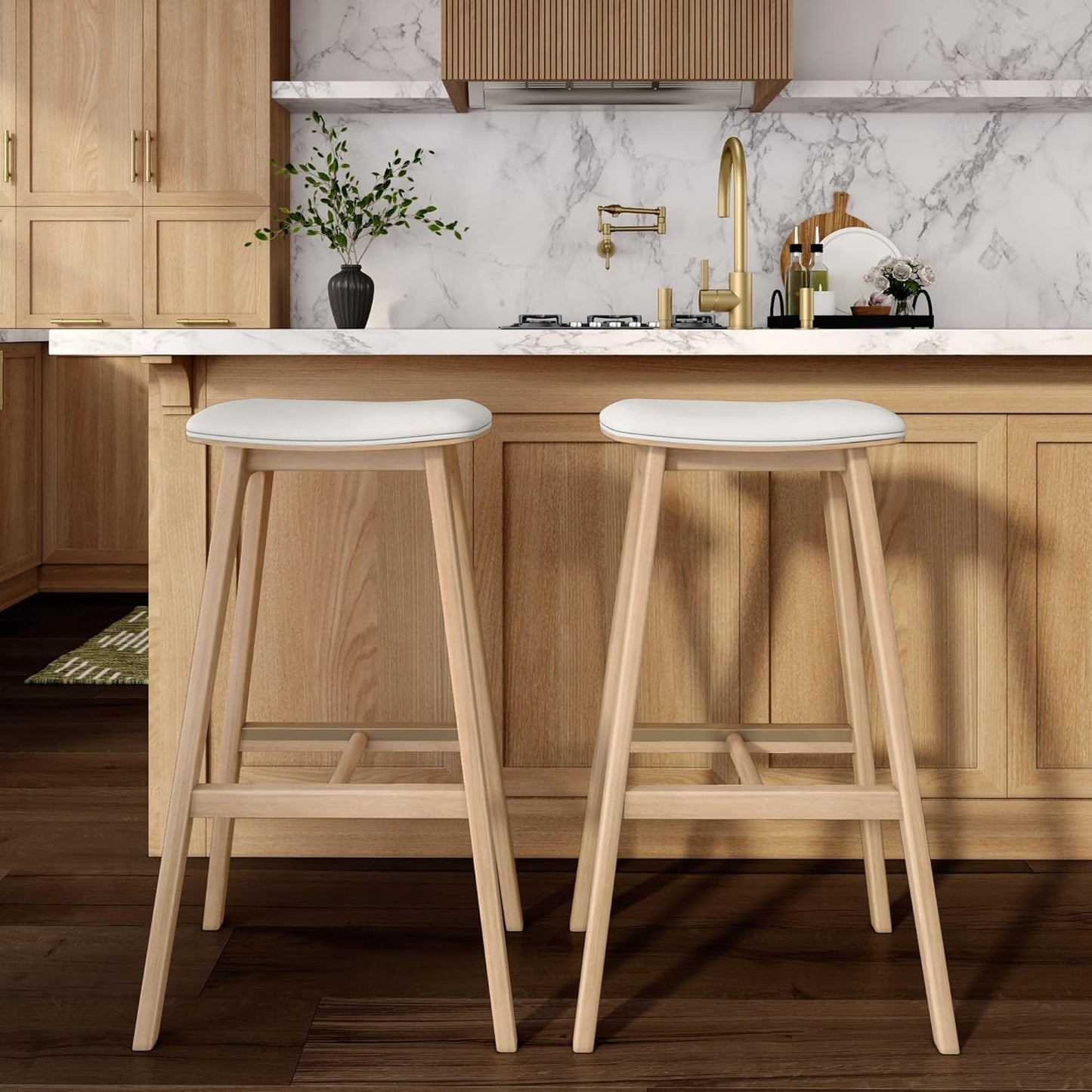 Plank+Beam Beryl Bar Height Stool - Mid-Century Modern Rubberwood Bar Stool with Faux Leather Seat, Metal Footrest, Easy Assembly, 2-Pack, Blonde/Sesame