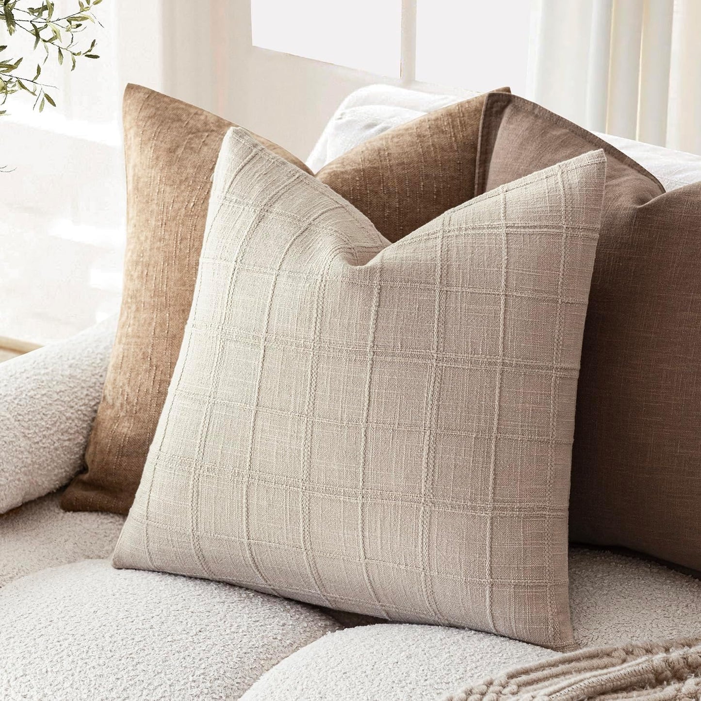 Foindtower Set of 2 Decorative Linen Check Throw Pillow Covers Neutral Farmhouse Vintage Cushion Covers Modern Boho Home Decor For Sofa Chair Couch Bedroom Living Room Outdoor,22×22 Inch,Natural Linen