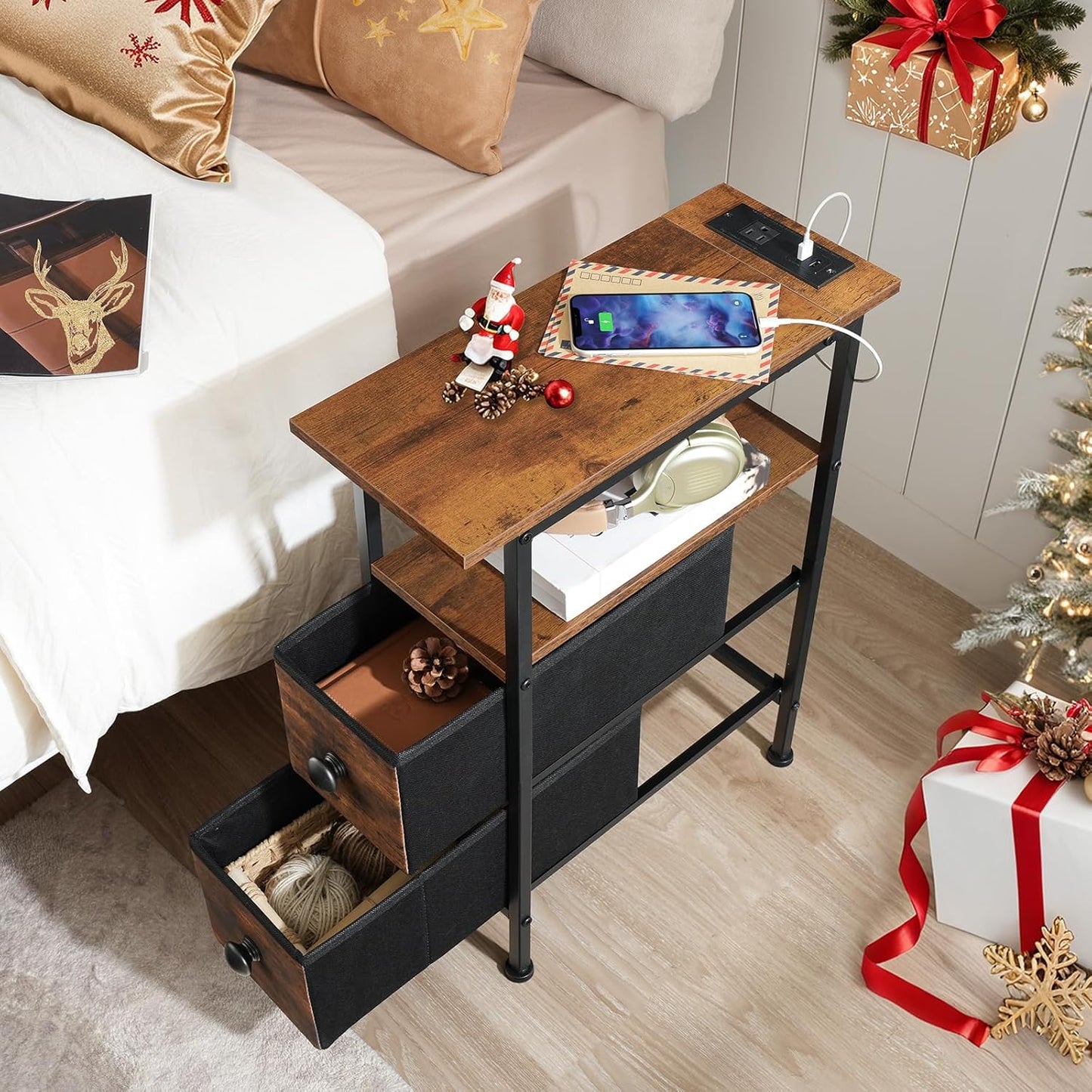 HOOBRO End Table with Charging Station, Narrow Side Table with 2 Fabric Drawers, Skinny Nightstand with Storage, Slim Bedside Table for Living Room, Small Spaces, Rustic Brown and Black BF487UBZ01