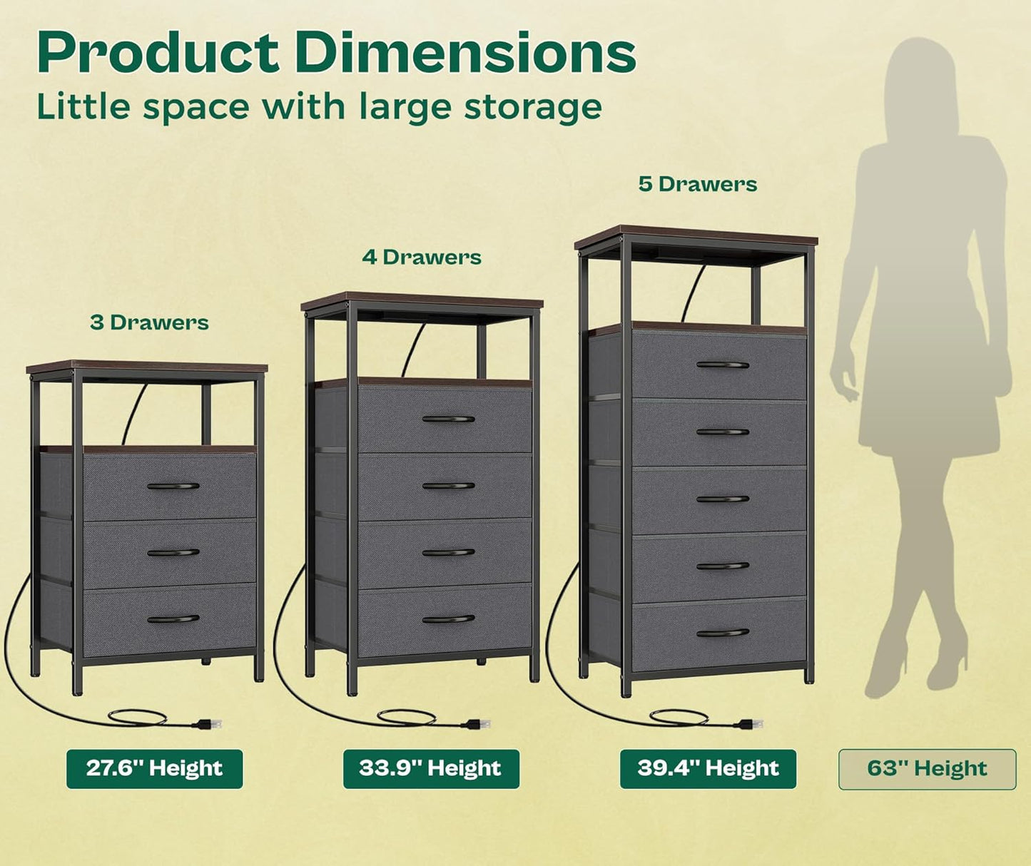 Huuger Night Stand with Charging Station, 4 Drawer Dresser for Bedroom, Bedside Table, 33.9 Inch Tall Nightstand with Open Shelf, End Table, for Closet, Entryway, Bedroom, Walnut