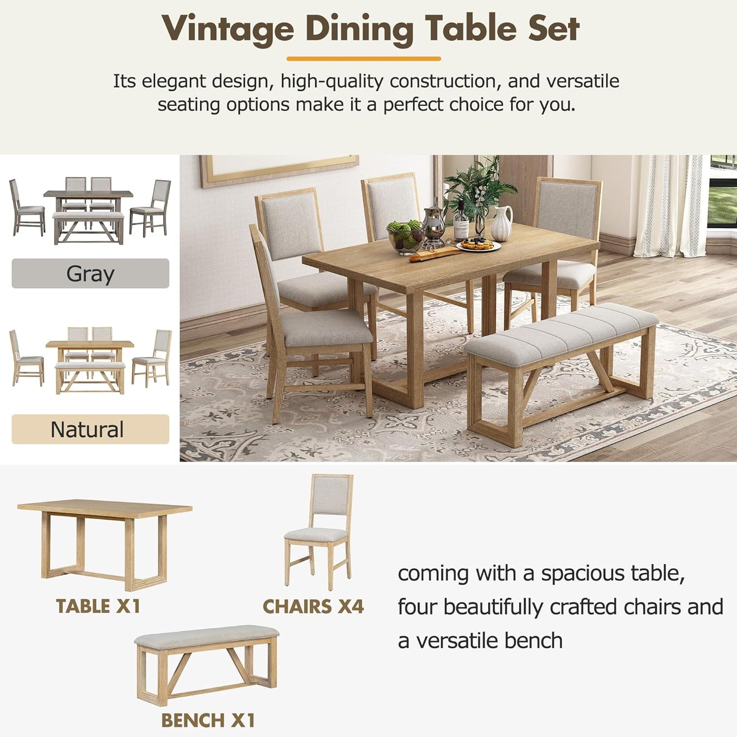 Merax Farmhouse Wood 6-Piece Dining Set, 59.6 inch Rectangular Table, 4 Upholstered Chairs and 1 Bench for Kitchen, Natural