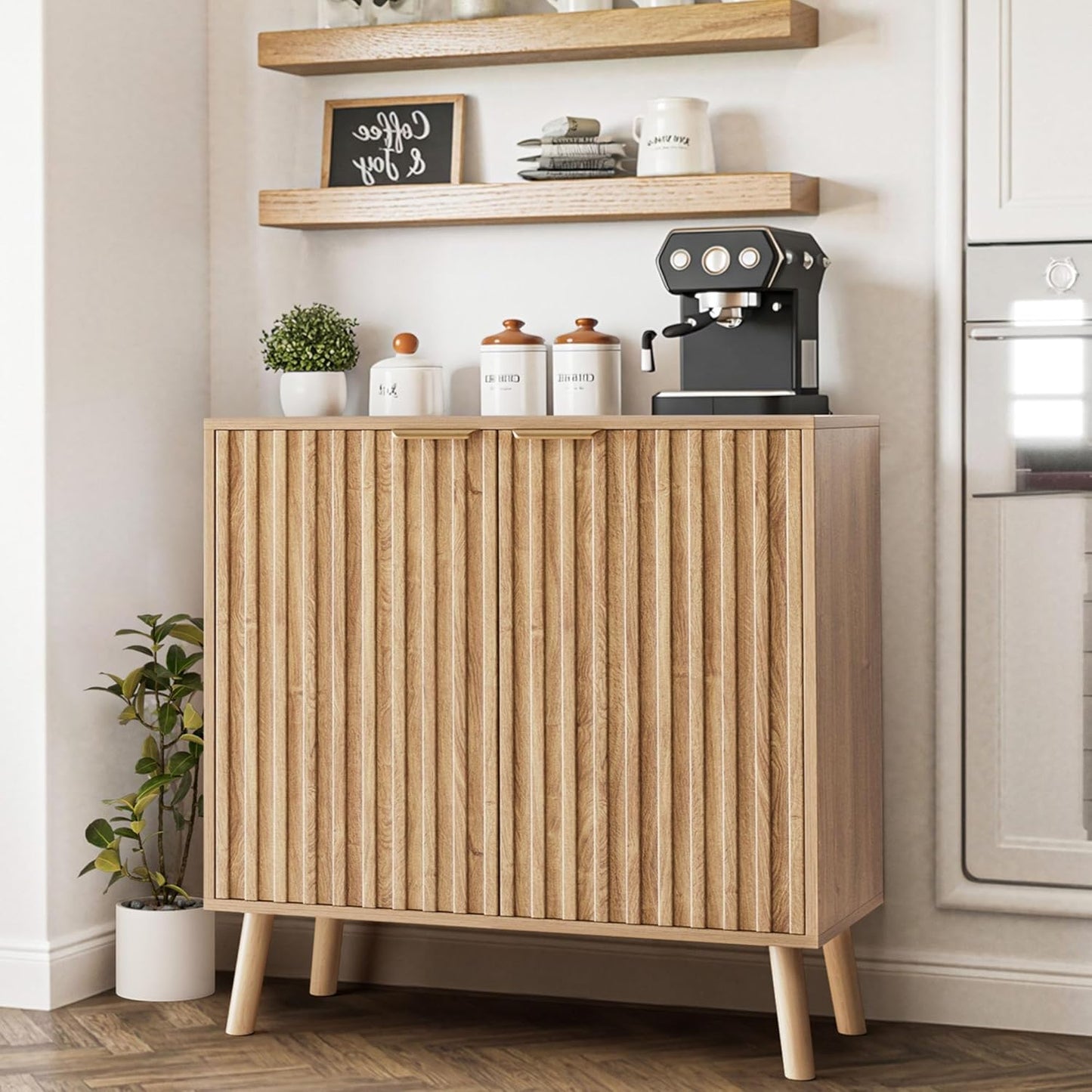 Pamapic Fluted Storage Cabinet, Sideboard Buffet Cabinet with Storage, Buffet Sideboard, Console Table, Credenza, Wood Modular Organizer with Doors & Shelf（Oak）