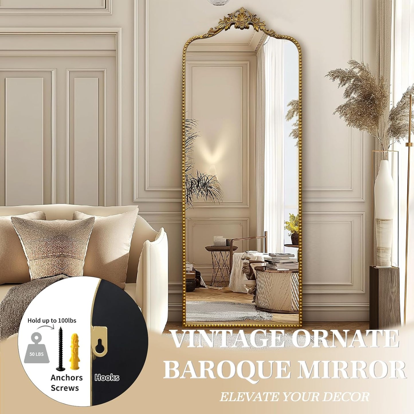 G-LEAF Vintage Baroque Full Length Floor Mirror 75"X30", Victorian Antique Mirror with Brush Gold Ornate Metal Frame for Fireplace Entryway Living Room Hallway Bathroom