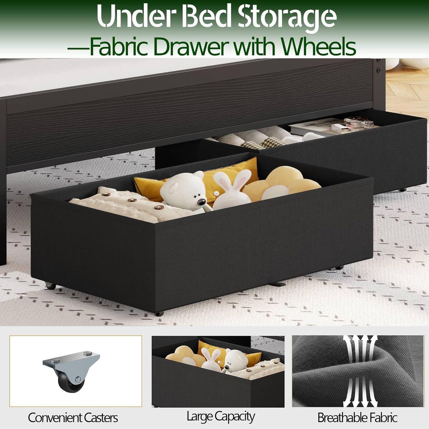 Furnulem Queen Bed Frame with Charging Station and LED Lights, Grey Upholstered Headboard with Shelves, Metal Platform Bed with 2 Under-Bed Storage (Fabric Drawer on Wheels), No Box Spring Needed