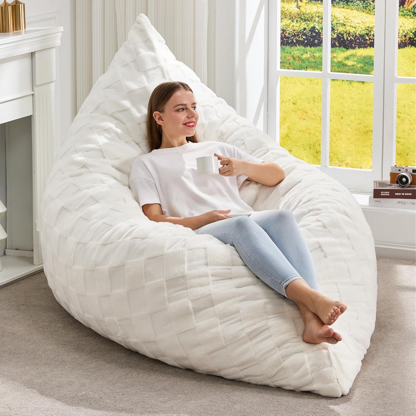 Hobestluk 3 in 1 Bean Bag Chair Giant Bean Bag Chairs for Adults with Plaid Cover Convertible Bean Bag Floor Cushion with Machine Washable Cover for Living Room (Plaid White)