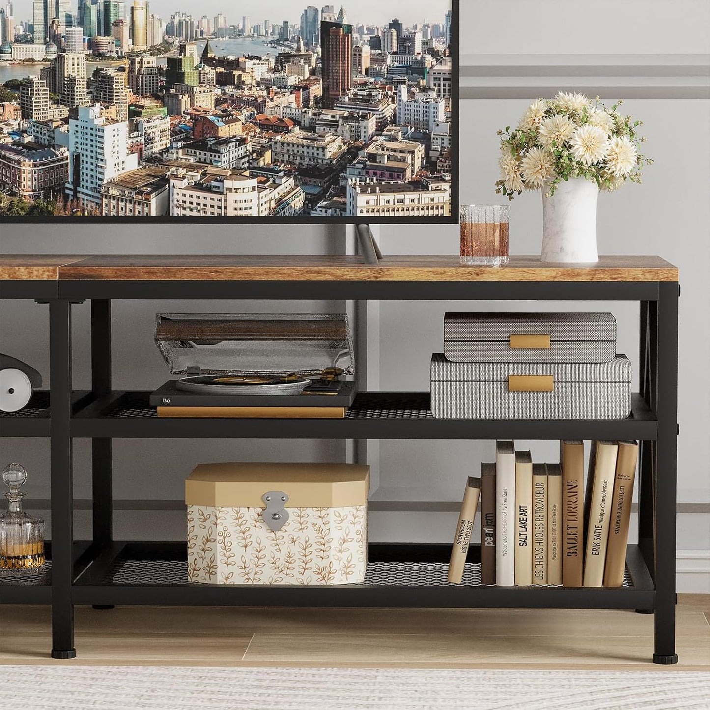 TV Stand for TVs up to 70 Inch, 63" Long Industrial TV Console Table with 3-Tier Storage Shelves, Entertainment Center for Living Room, Bedroom (Rustic Brown)