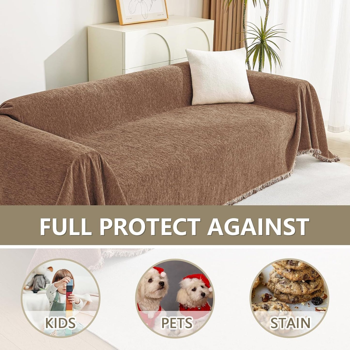 MYSKY HOME Couch Covers for 2 Cushion Couch Sectional Sofa, L Shape Sofa Protector Camel Chenille Couch Cover, Sofa Covers Washable Blanket with Tassel Pet Couch Cushion Cover, 71"X102"