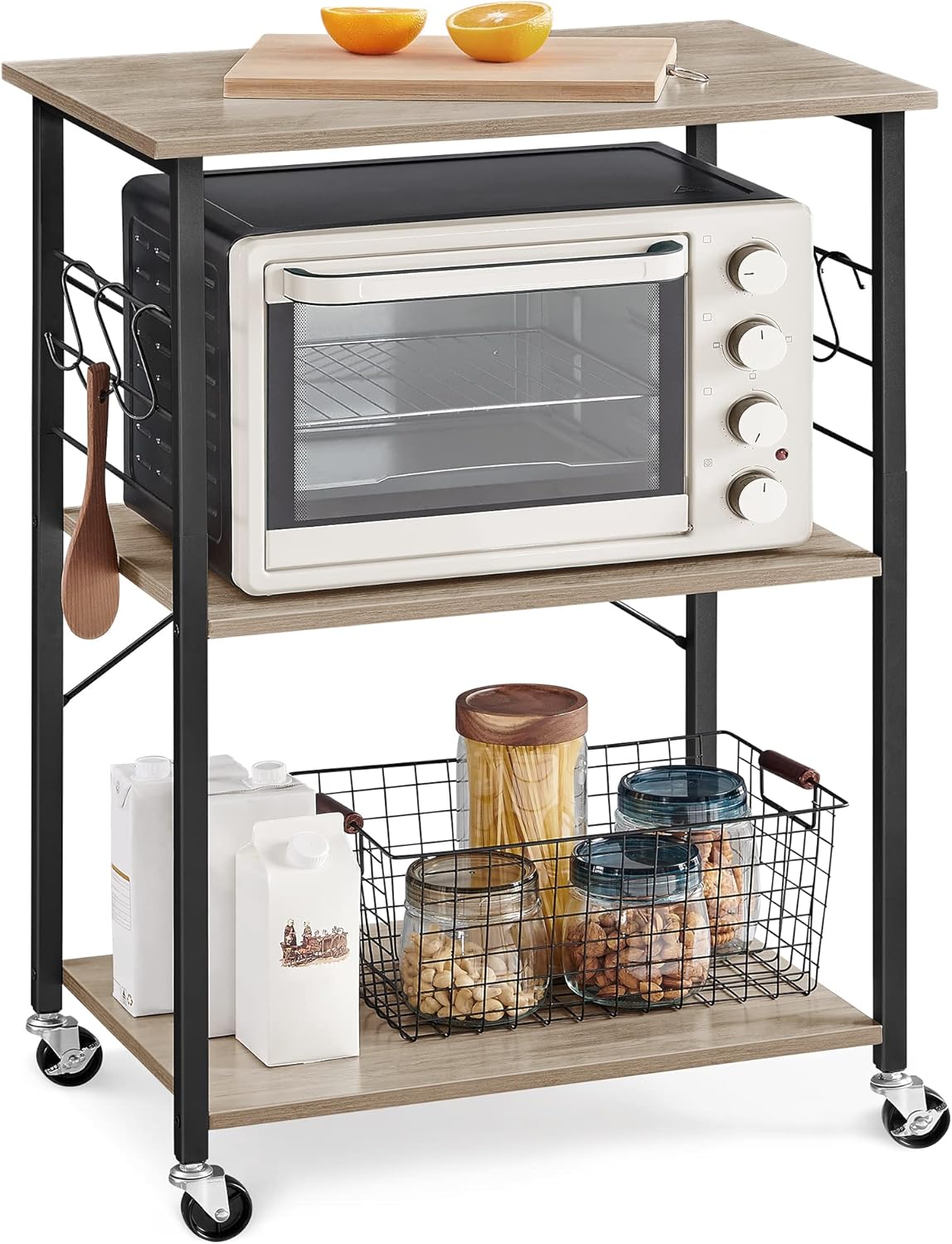 VASAGLE Kitchen Shelf on Wheels, Serving Cart with 3 Shelves, Kitchen Cart, Microwave Shelf, for Mini Oven, Toaster, with 6 Hooks, Industrial Style, Greige and Black UKKS060B02