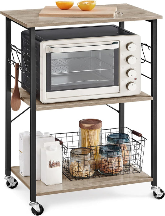 VASAGLE Kitchen Shelf on Wheels, Serving Cart with 3 Shelves, Kitchen Cart, Microwave Shelf, for Mini Oven, Toaster, with 6 Hooks, Industrial Style, Greige and Black UKKS060B02