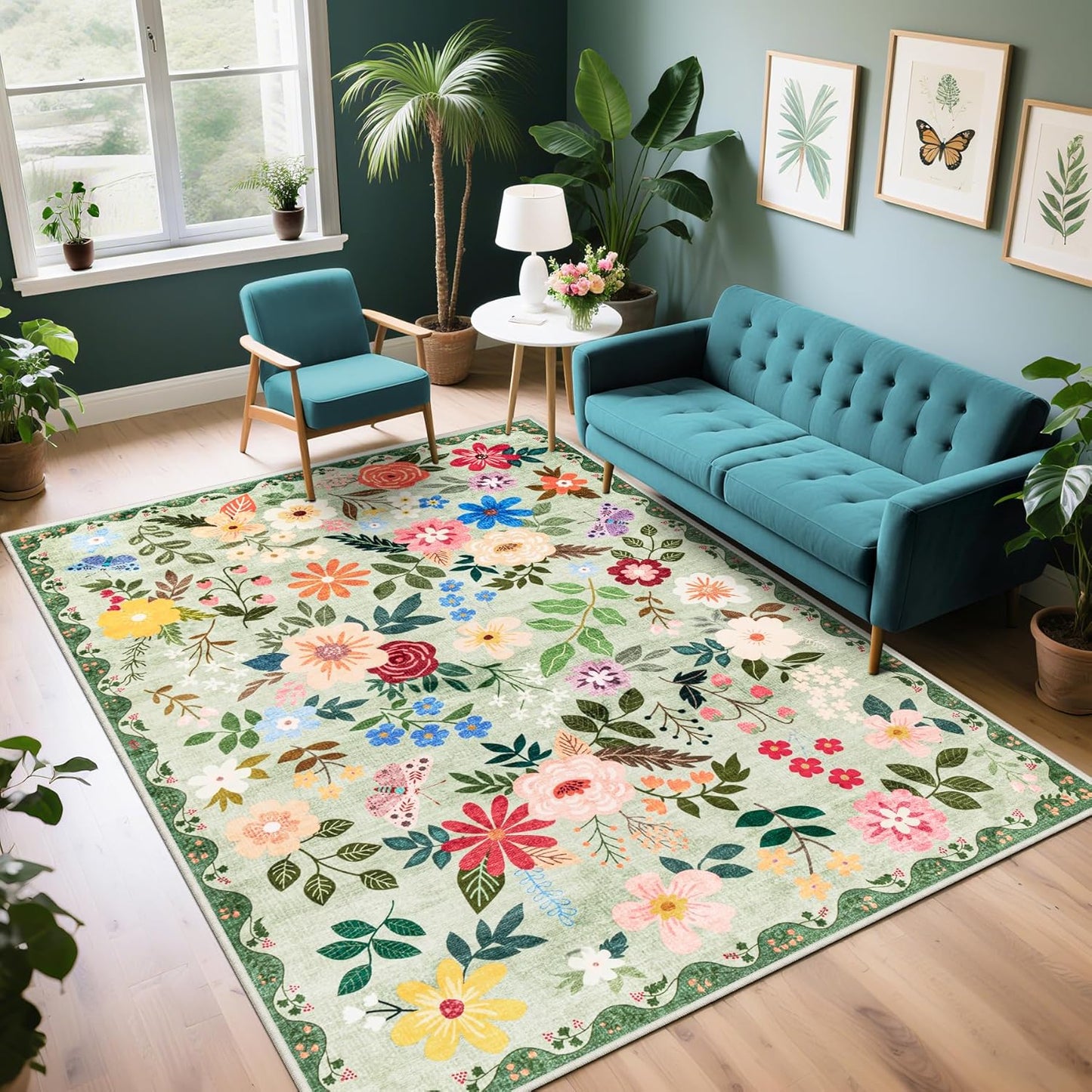 Area Rug Living Room Rugs: Floral 4x6 Washable Rug Vintage Soft Boho Non-Slip Carpet Indoor Floor Stain Resistant Large Carpets for Bedroom Dining Room Farmhouse Nursery Hallway Home Office Green