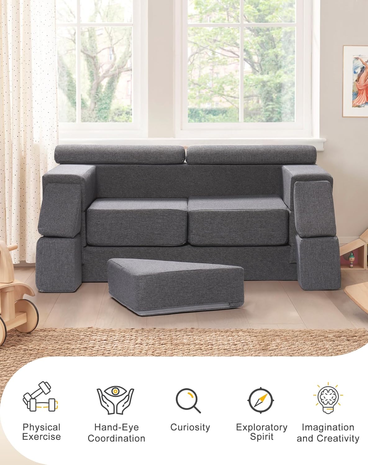 ROBUD Kids Couch, Gray Modular Kids Play Couch, DIY-Style & Washable Toddler Sofa for Playroom, Bedroom, Nursery, WG412