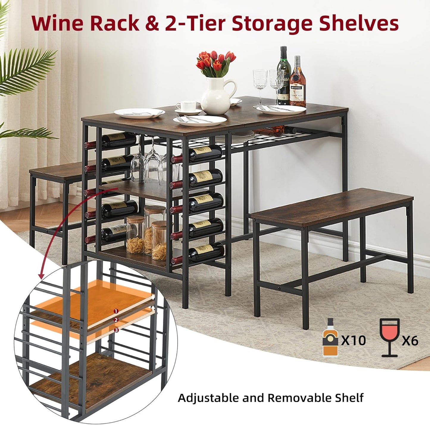 Garvee Dining Table Set for 4, Kitchen Table Set for 4 with 2 Benches, 3 Piece Dining Room Table Set for Small Space Apartment, Retro Brown