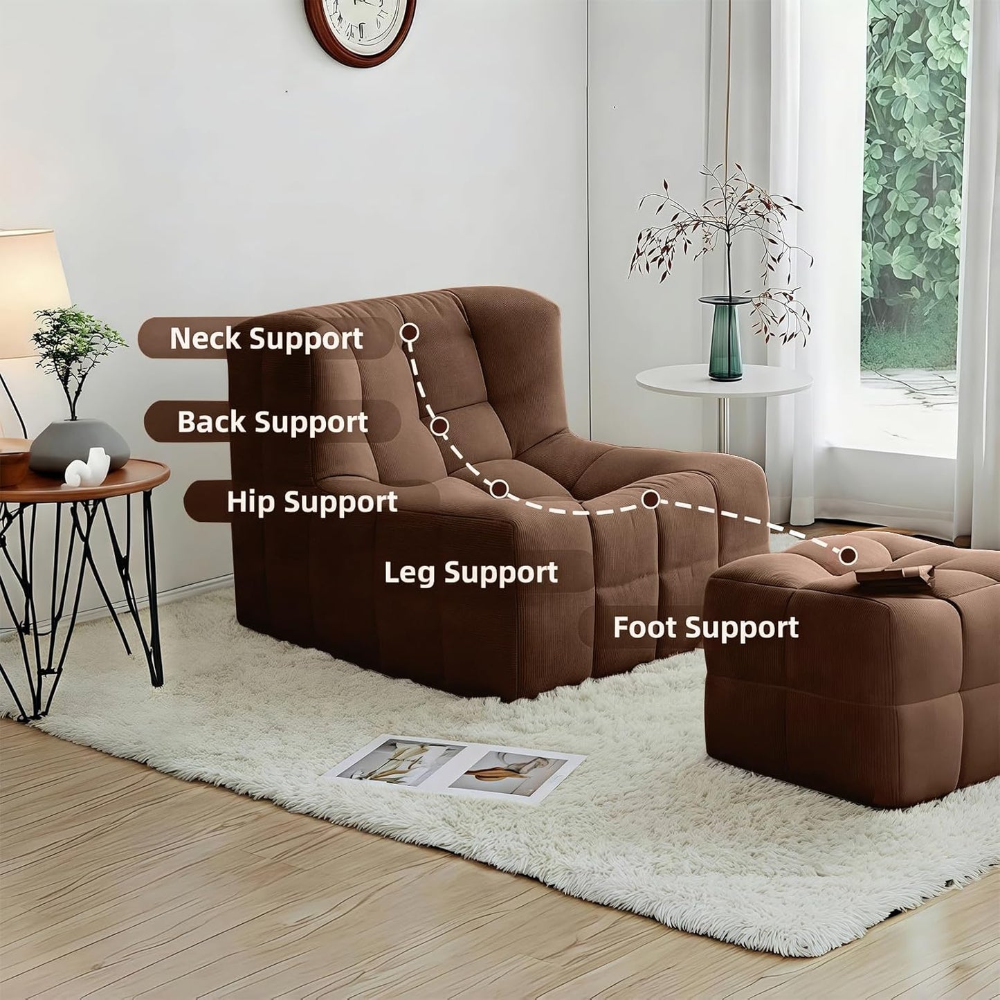 Bean Bag Chair - Memory Foam Bean Bag Chair for Adults, Comfy High-Resilience Single Sofa, Small Space Floor Chair, Chaise Lounge for Living Room, Bedroom (Dark Brown, Square+Ottoman)