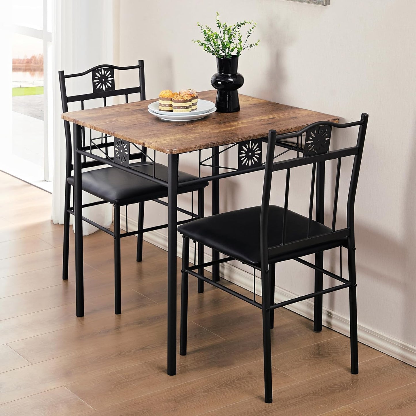 VECELO 3-Piece Small Kitchen Dining Table Set for 2, PU Padded Chairs, Easy Assembly, Brown