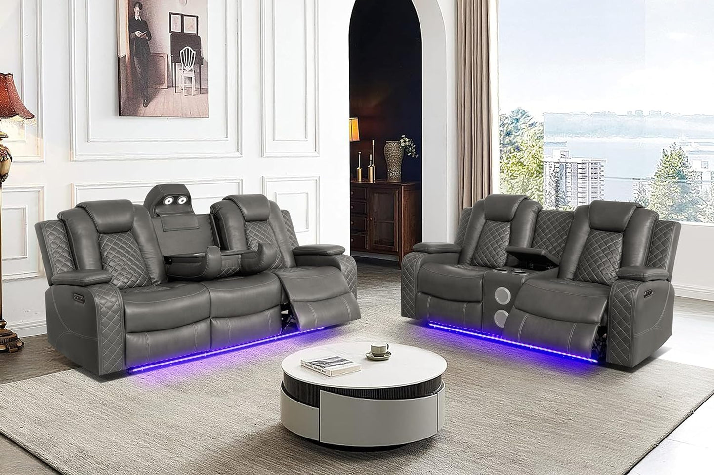 Ball & Cast Power Recliner Sofa Set Leather Reclining Sofa Set Living Room Furniture Set 3PCS Recliner Couch Loveseat & Chair Sets with Wireless Charging,Bluetooth Speaker,Cup Holders for Home Theater