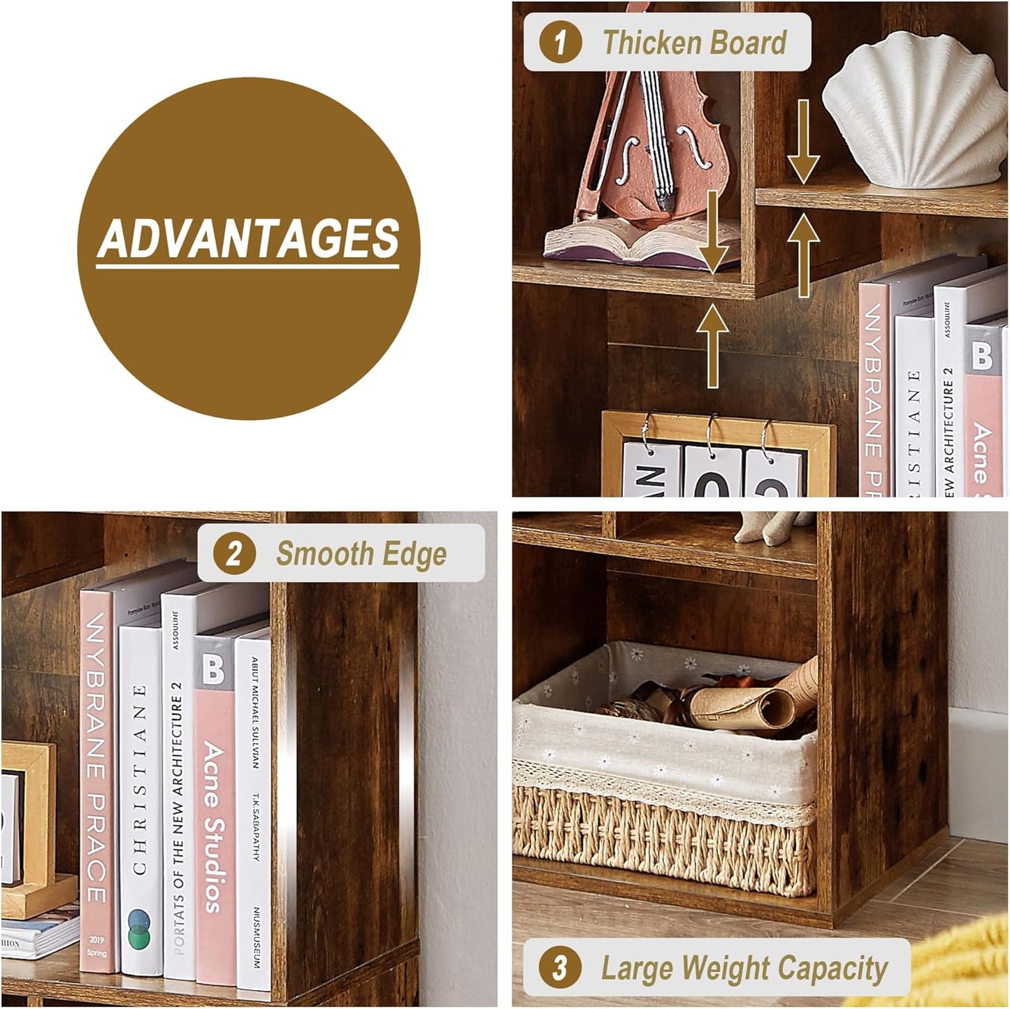 VECELO Small Bookshelf, 5 Cube Slim Bookcase, Fits Tallest Hardcovers, Horizontal Available, Modern Floor Standing Unit, Each Shelf Hold Up to 66 LBS, Vintage Brown