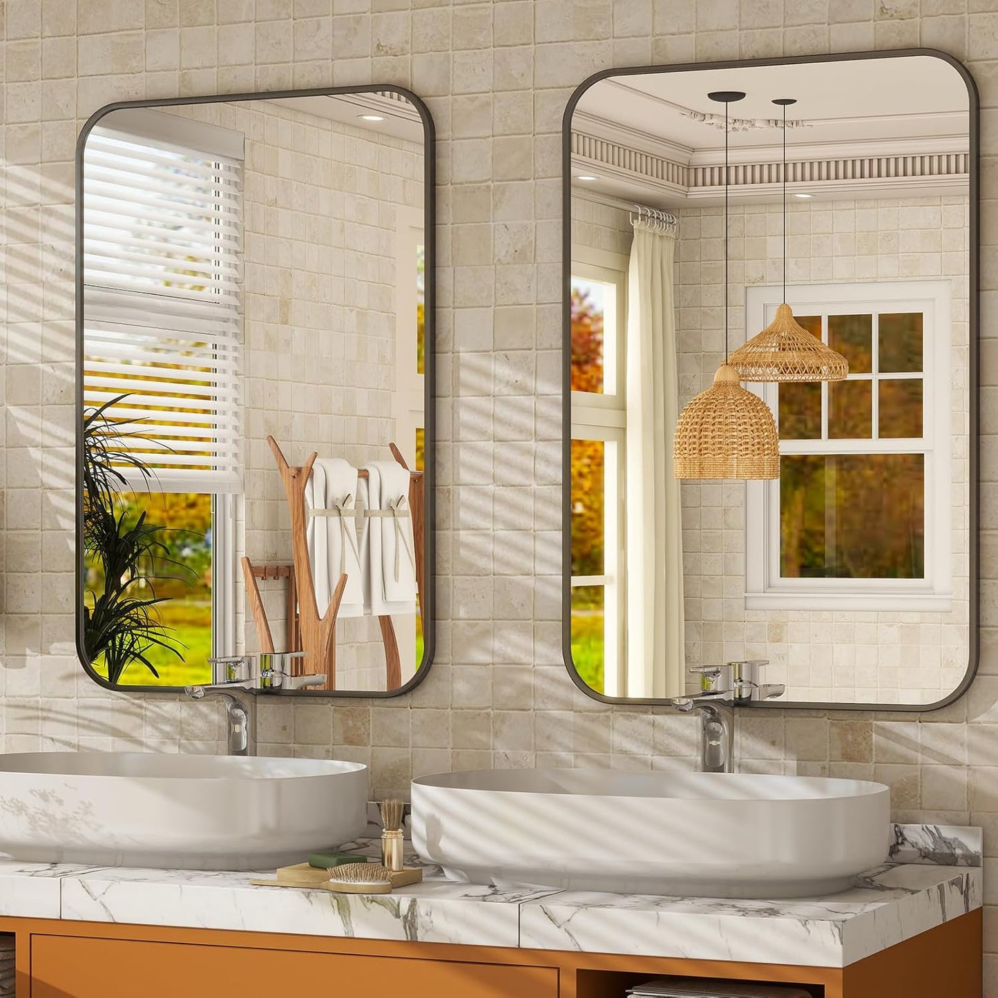 20 x 28 Inch Bathroom Mirror, Rounded Rectangular Vanity Mirror for Wall, Modern Mirror for Room Decor, Black Framed Wall-Mounted Mirrors for Home Decor, Hangs Horizontally or Vertically