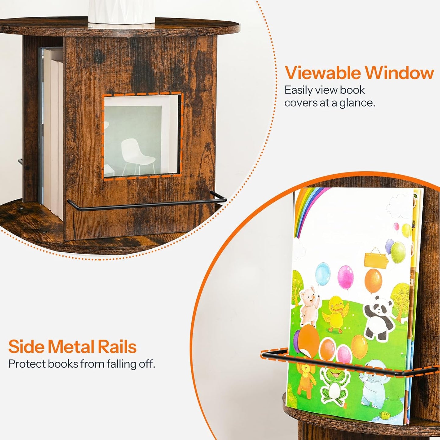 HOOBRO Rotating Bookshelf, 360° Spinning Bookshelf for Small Spaces, 4-Tier Floor Standing Bookcase Storage Rack, Wooden Corner Bookcase for Living Room, Study, Office, Rustic Brown and Black FG54SJ01