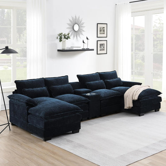Merax 123" Modular Sectional Couches with Waist Pillows, Cupholders, Console and USB Charging, 6-Seat Upholstered Sleeper Sofa Chaise Lounge & Double Cushions for Living Room, Apartment, Dark Blue