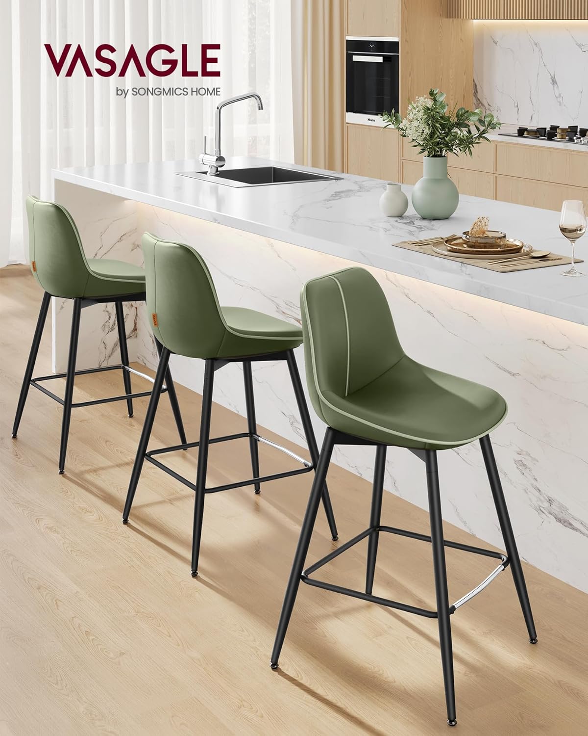 VASAGLE Bar Stools Set of 2, Counter Height Bar Stools with Back, Ergonomic Backrest, Synthetic Leather, Metal Legs, 24.4-Inch Tall Barstools for Kitchen Island Home Bar, Easy Assembly, Forest Green