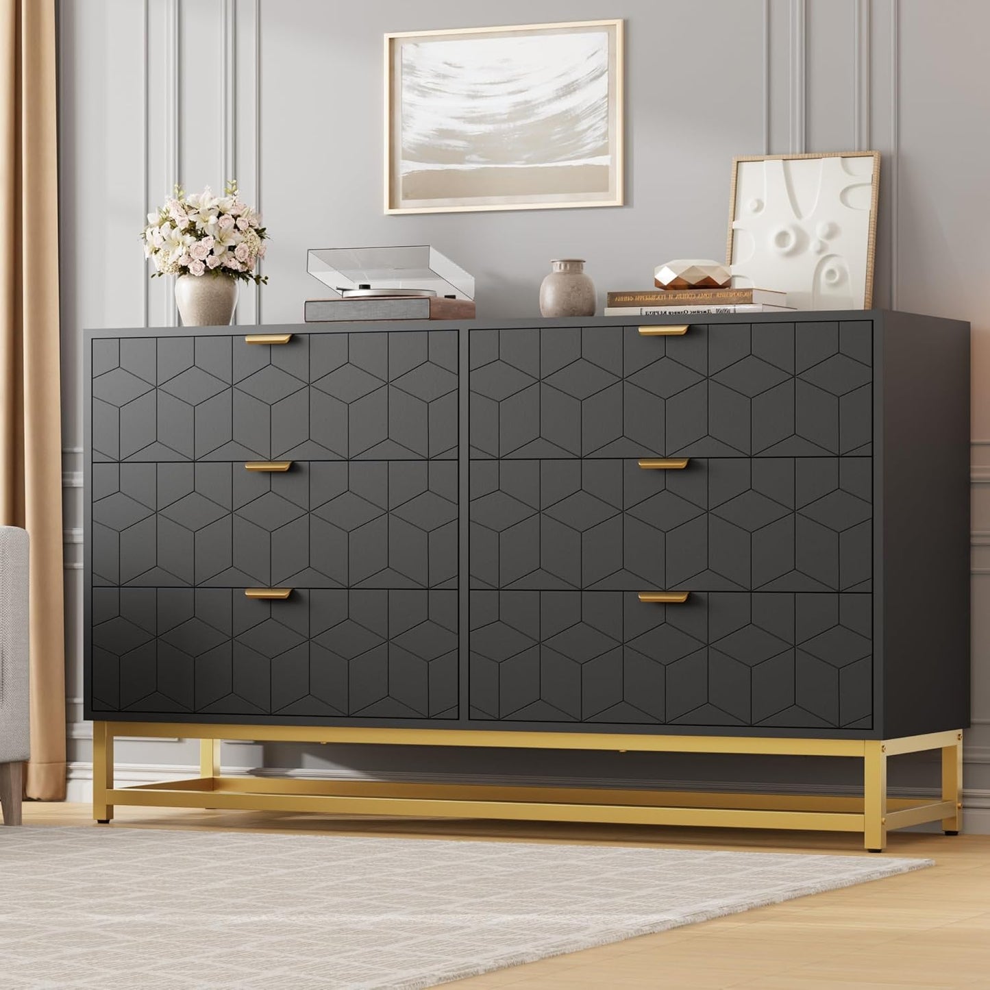 Dresser for Bedroom, 53.5" Large Dresser Organizer, 6 Drawer with Golden Metal Handle and Legs, Modern Chest of Drawers, Black Dressers with Drawers for Closet, Hallway, Living Room, Entryway