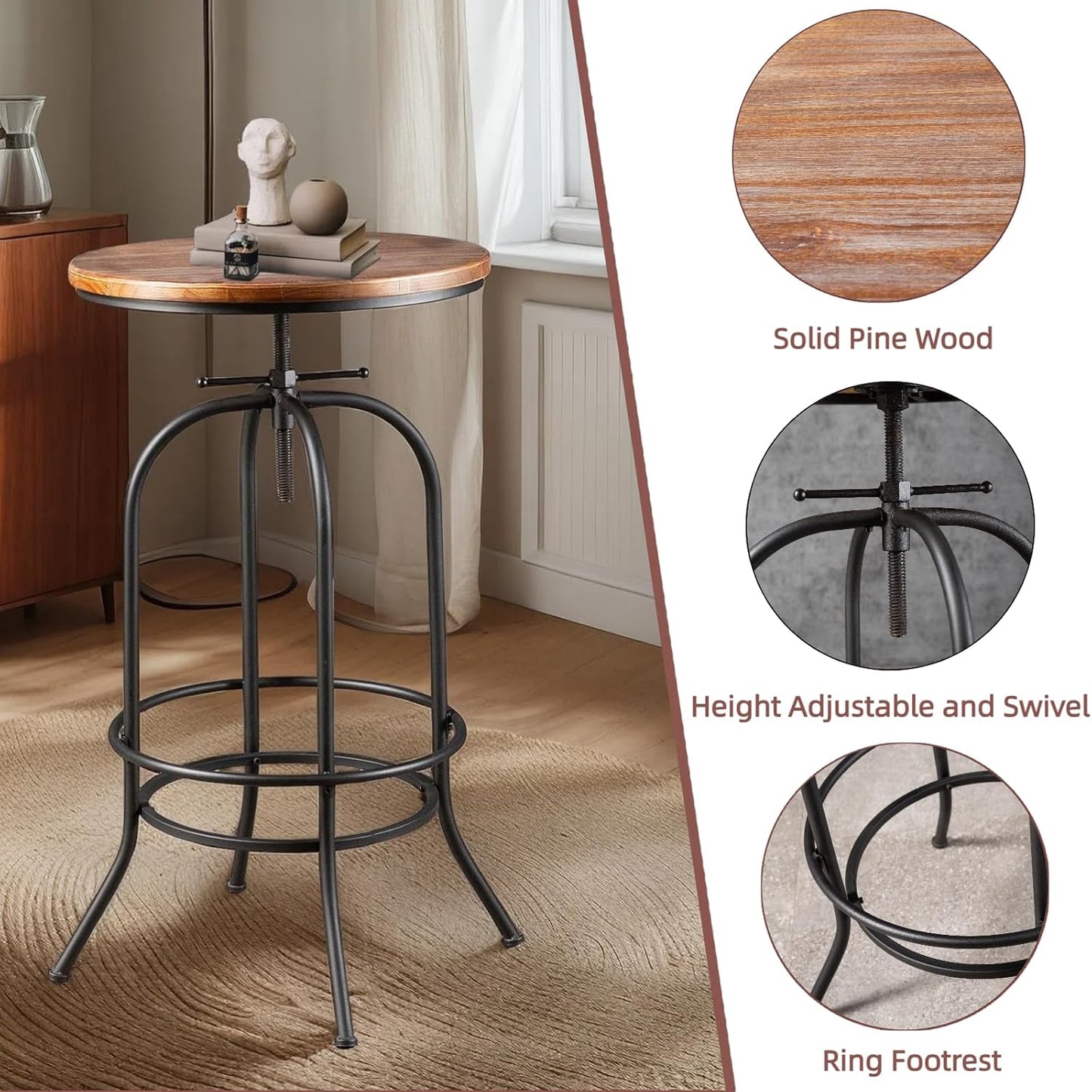Industrial Bar Table Height Adjustable 37.4-45.3inch Vintage Swivel Pub Tables Solid Wood Top Metal Base with Footrest